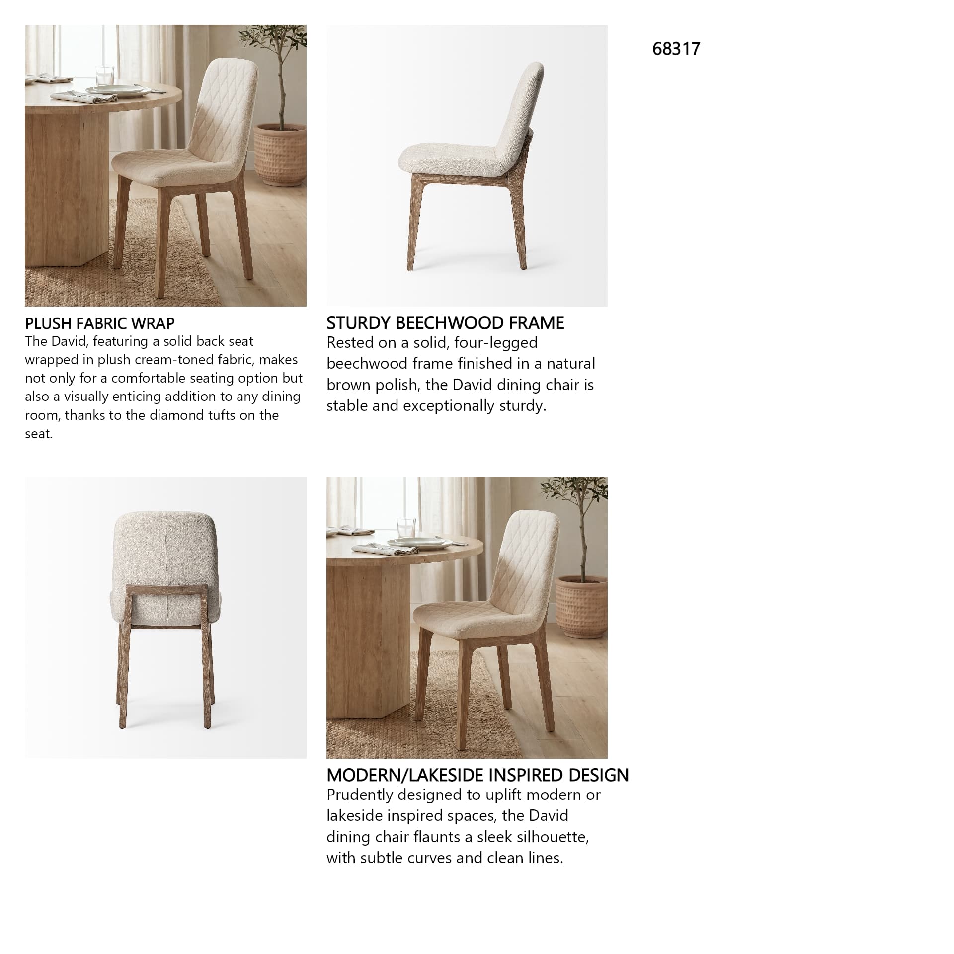David Solid Back Dining Side Chair | Tuffed Cream Fabric w/ Brown Wood — in a styled room
