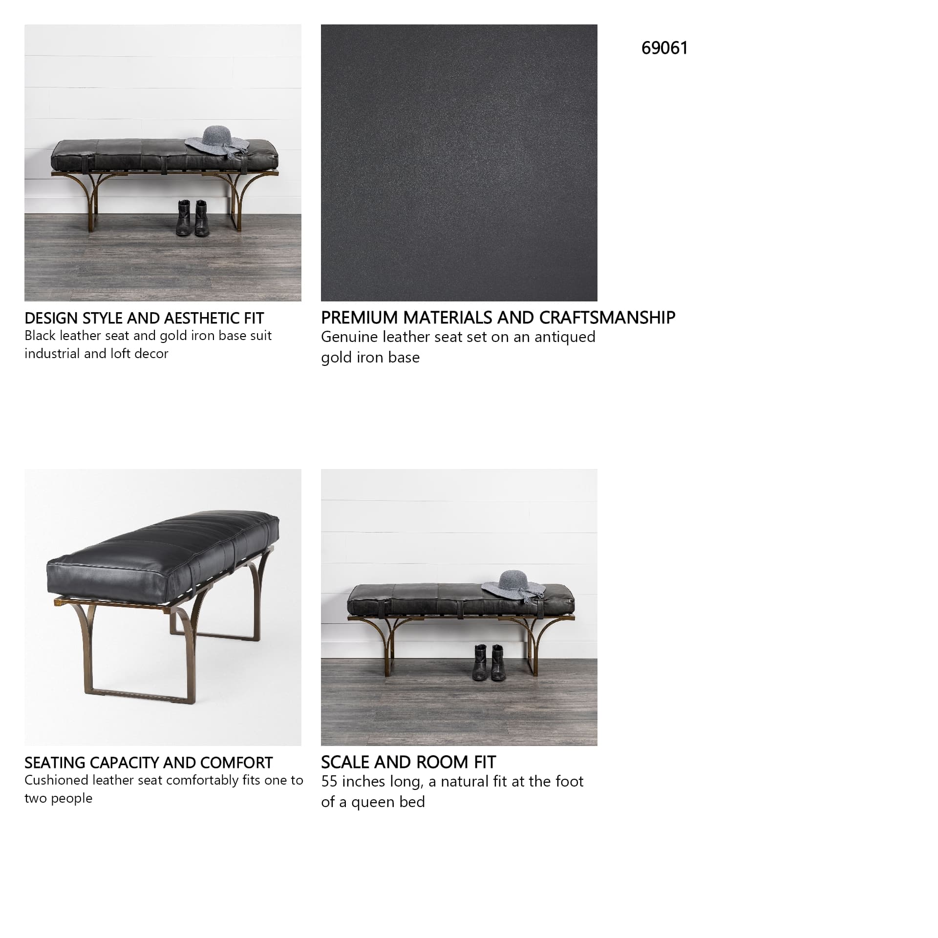 Jessie 55L x 16W Black Leather Seat W/Gold Metal Base Accent Bench — in a styled room