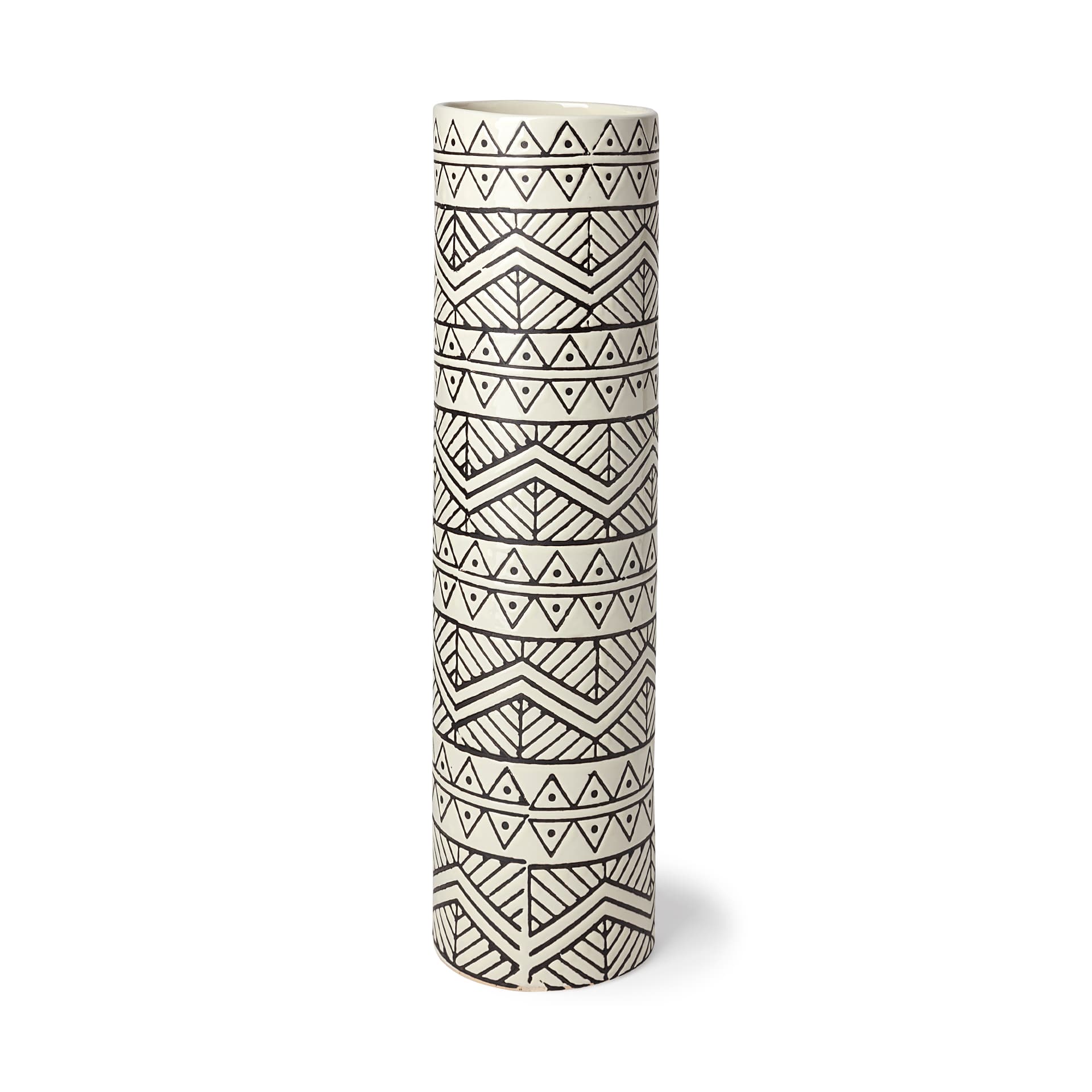 Uhura II Large Cream Black Patterned Cylindrical Ceramic Vase — product photograph
