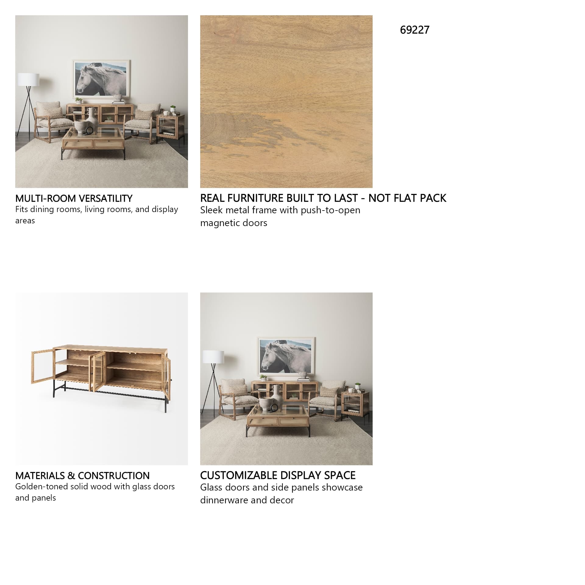 Arelius 70L x 18.75W x 32H Light Brown Wood, Black Metal Base w/ 4 Glass Cabinet Doors Sideboard — in a styled room