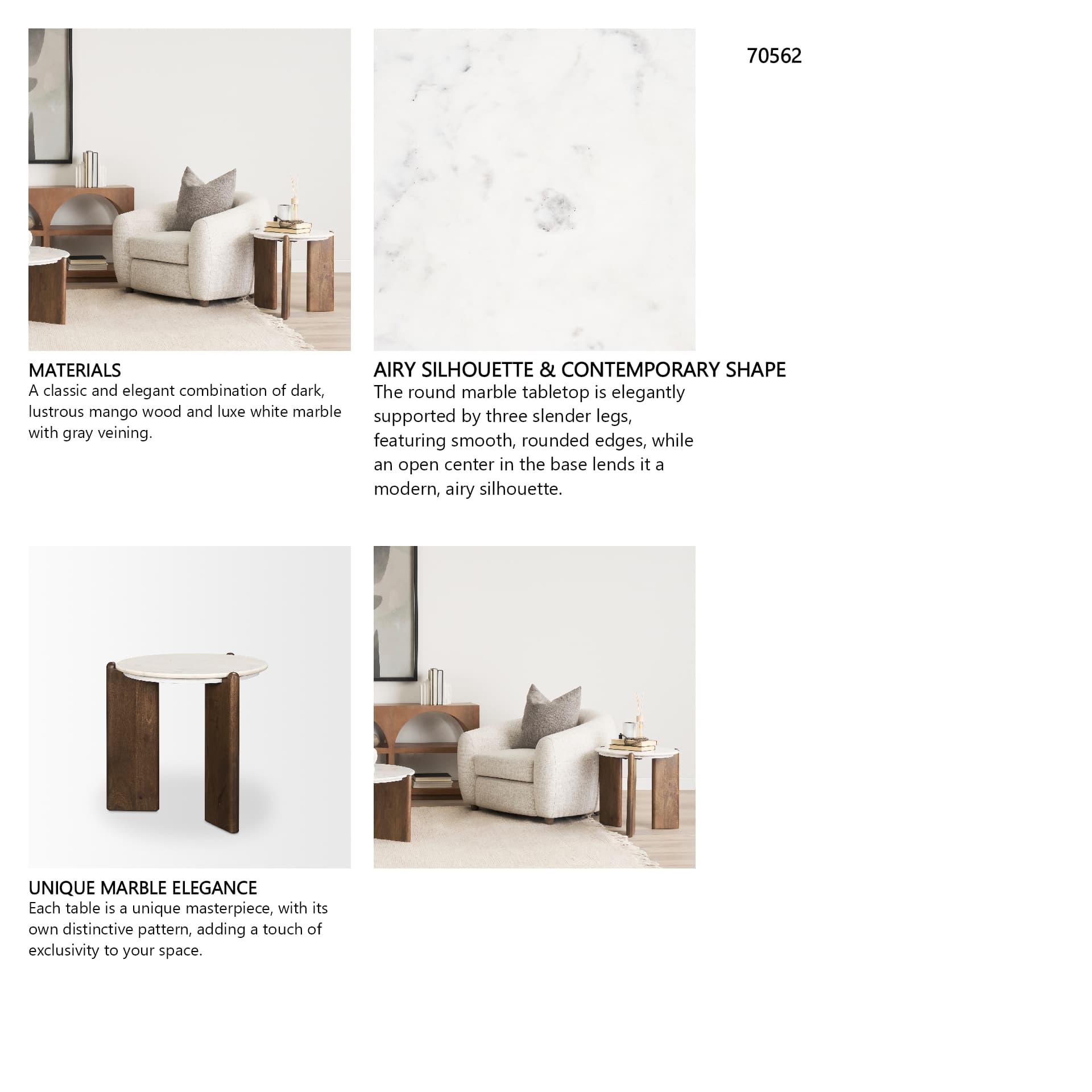 Rumer Dark Brown Wood w/ White Marble Side Table — in a styled room