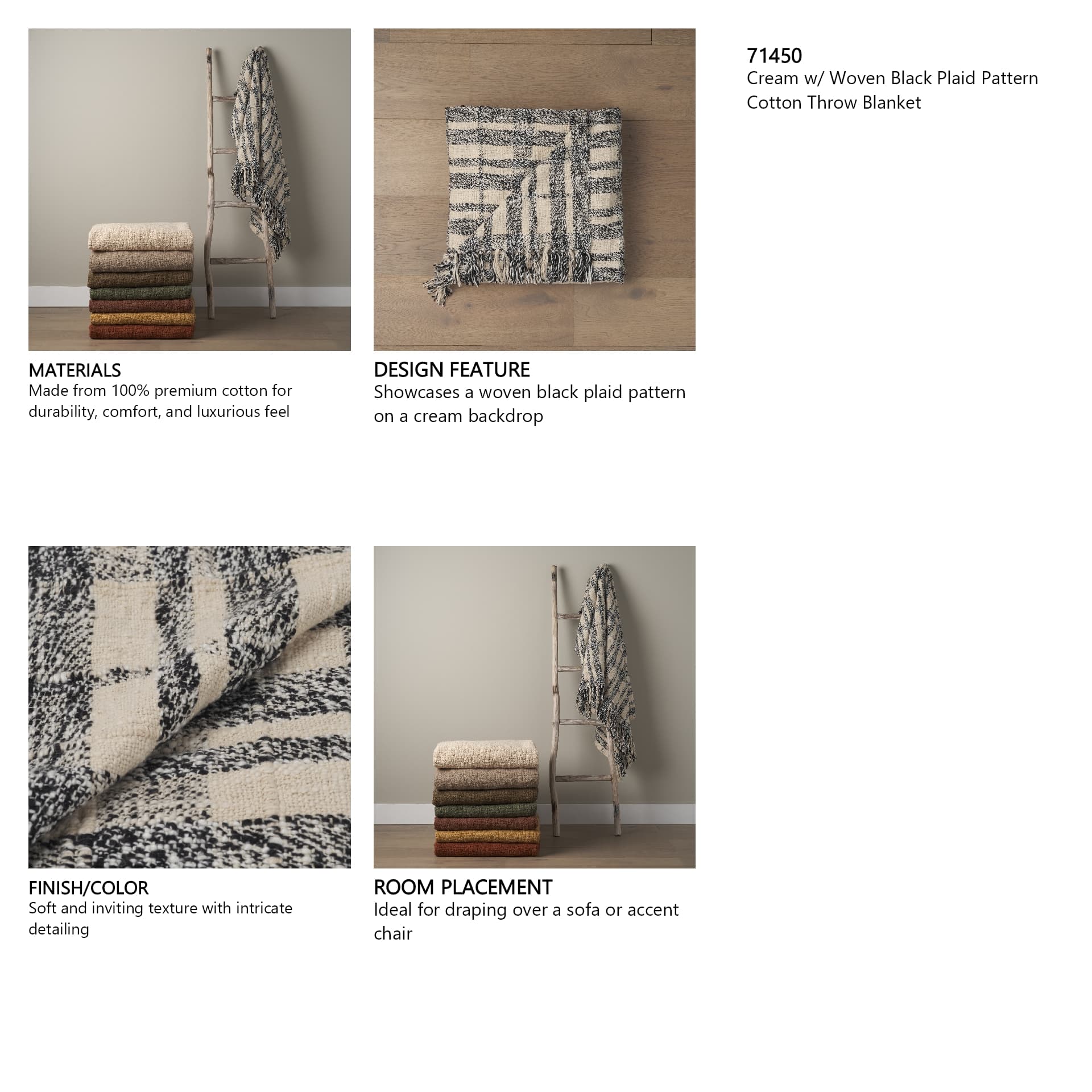 Pendle Cream w/ Woven Black Plaid Pattern Cotton Throw Blanket — product photograph