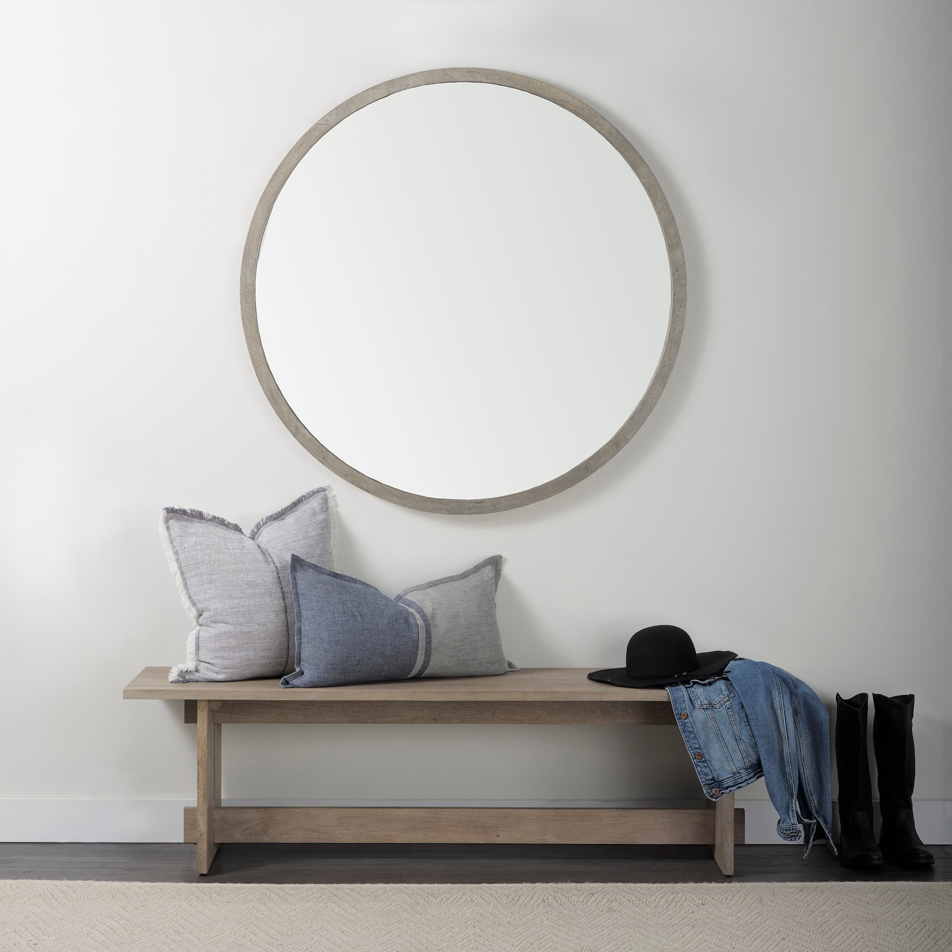 Gambit 46" Round White Wash Wood Frame Wall Mirror — product photograph