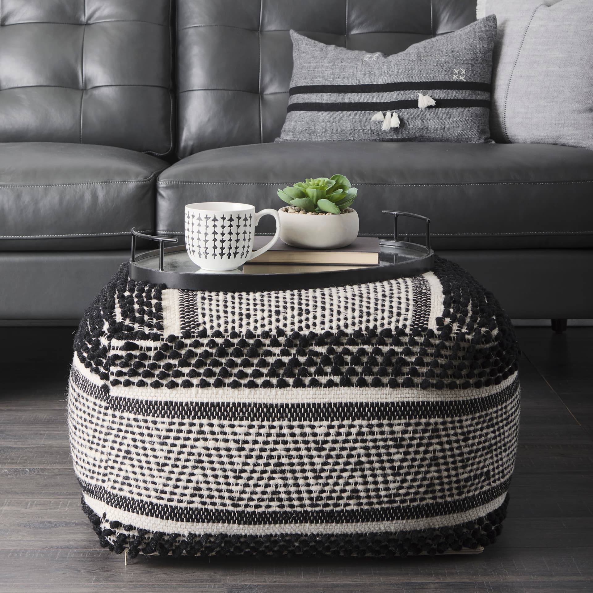 Garima 22.0L x 22.0W x 14.0H Black/White Wool and Cotton Patterned Pouf — product photograph