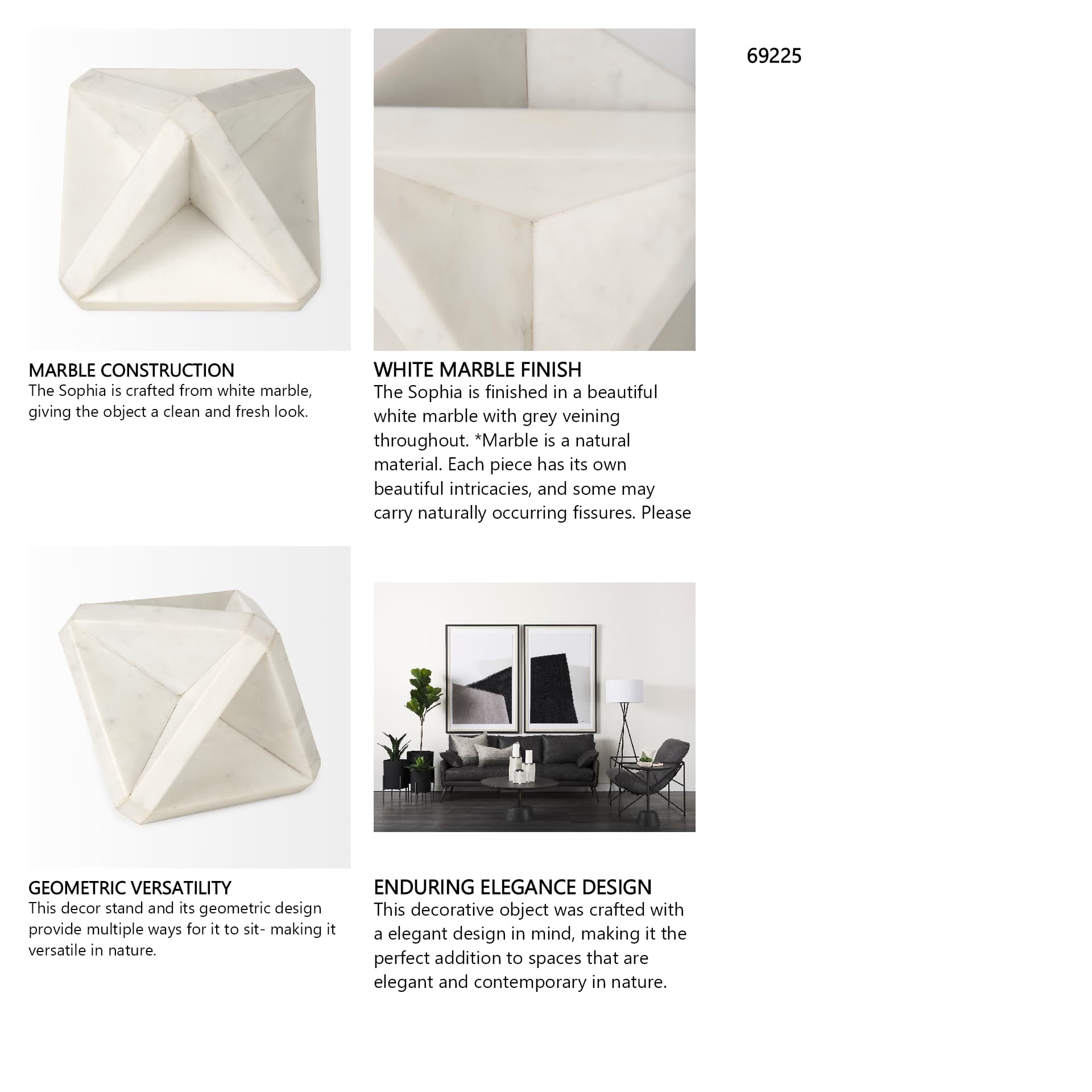 Sophia 5.5 L x 5.5 W x 8.5 H White Marble Decor Stand — in a styled room