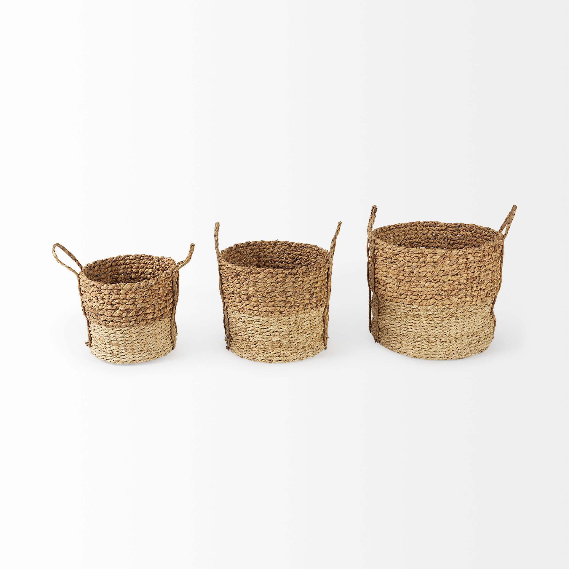 Morocco (Set of 3) Brown Two Tone Water Hyacinth and Cornhusk Round Basket W/ Handles — product photograph