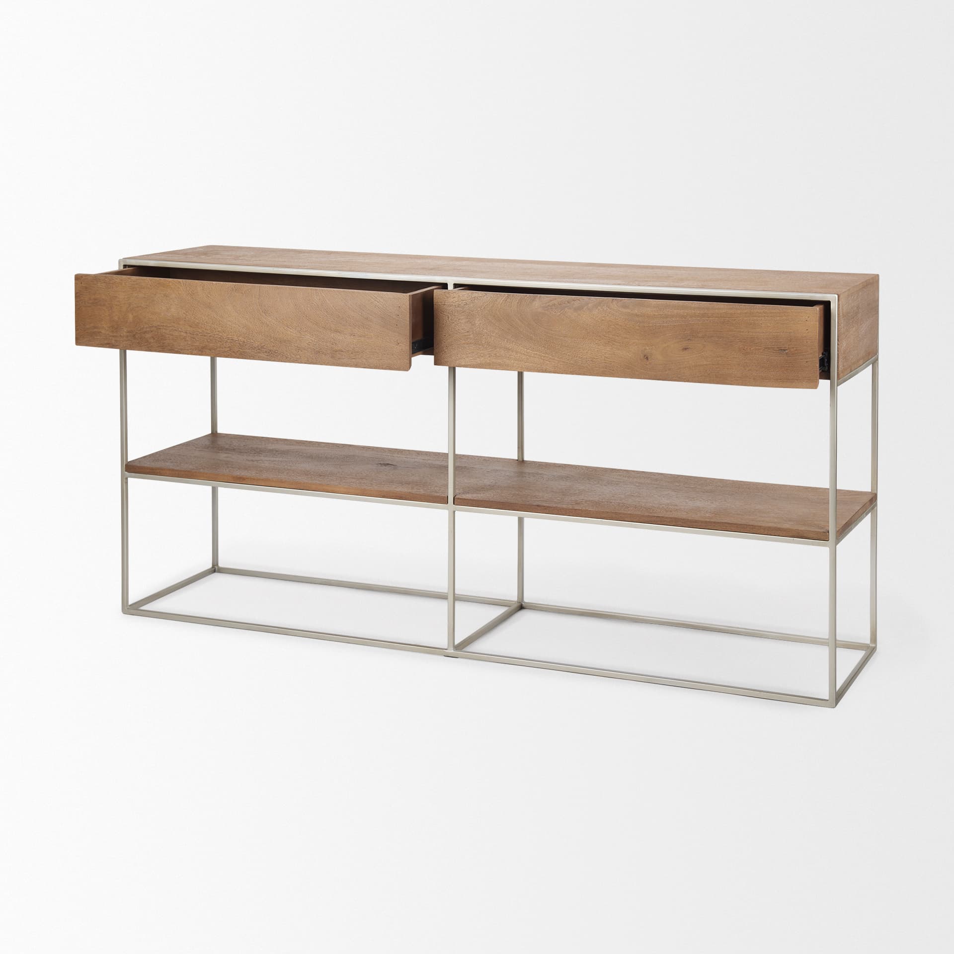 Morris I 63L x 15W x 31H Brown Wood w/ Silver Metal Frame 2 Drawer Console Table — product photograph