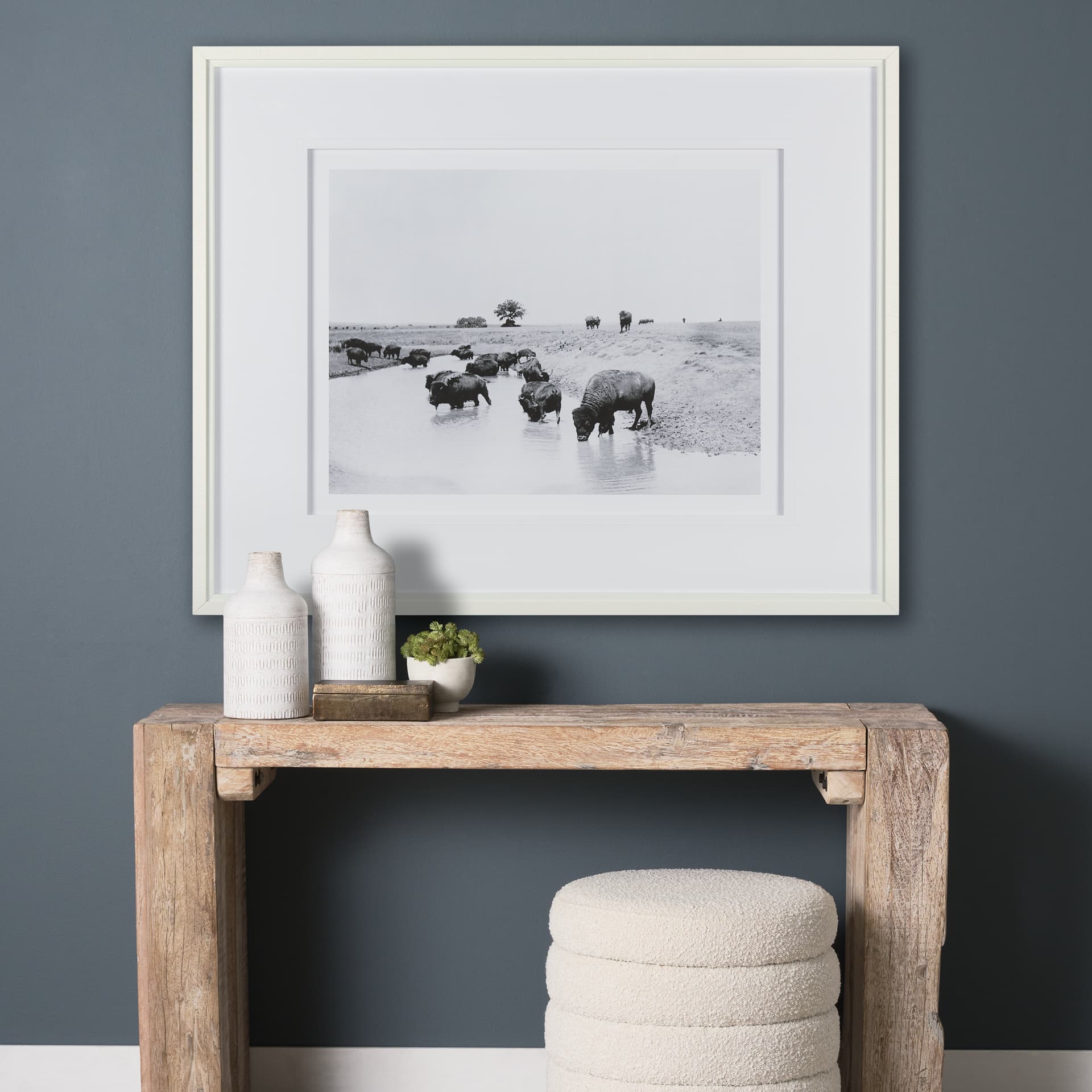Buffalo Brook by Mercana Studio a Hand Embellished Textured Framed Art Photograph Matted under Glass — in a styled room