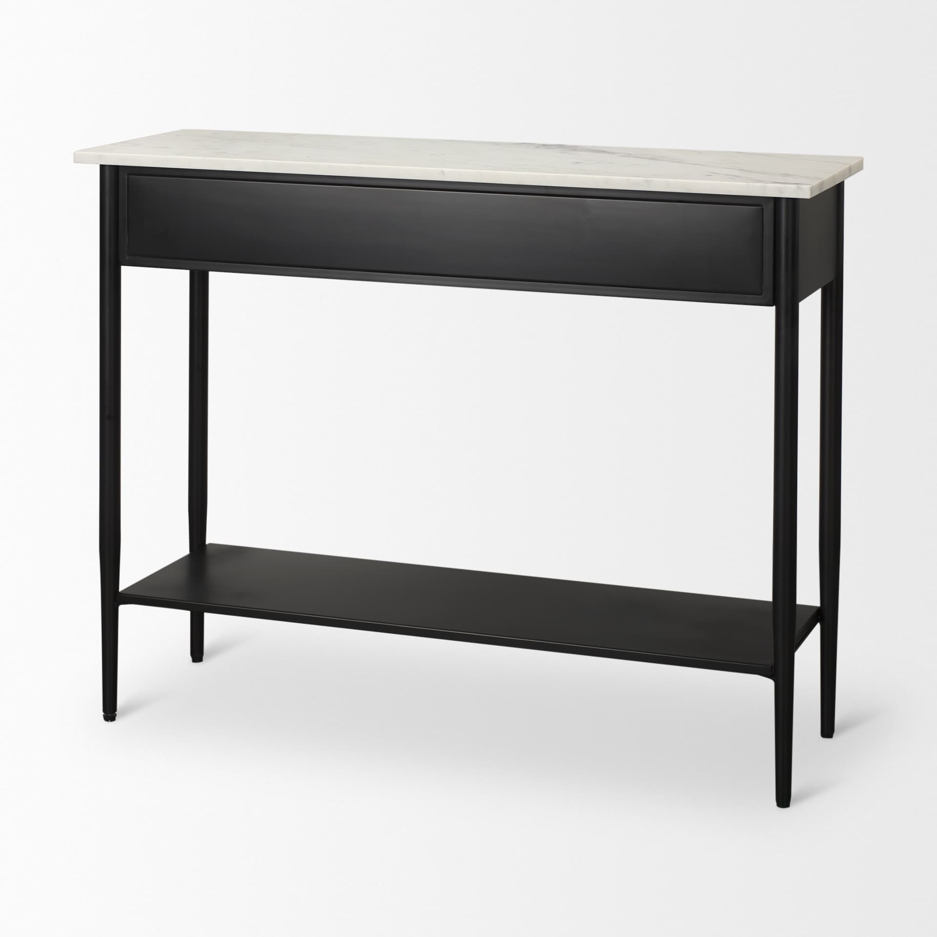 Amika White Marble Top Black Metal Base Console Table — product photograph