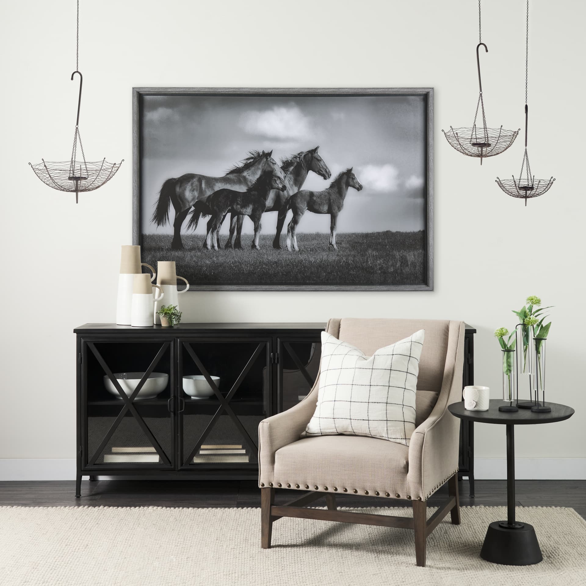 Rihanna II Medium Black Metal Umbrella Candle Holder Lantern — in a styled room