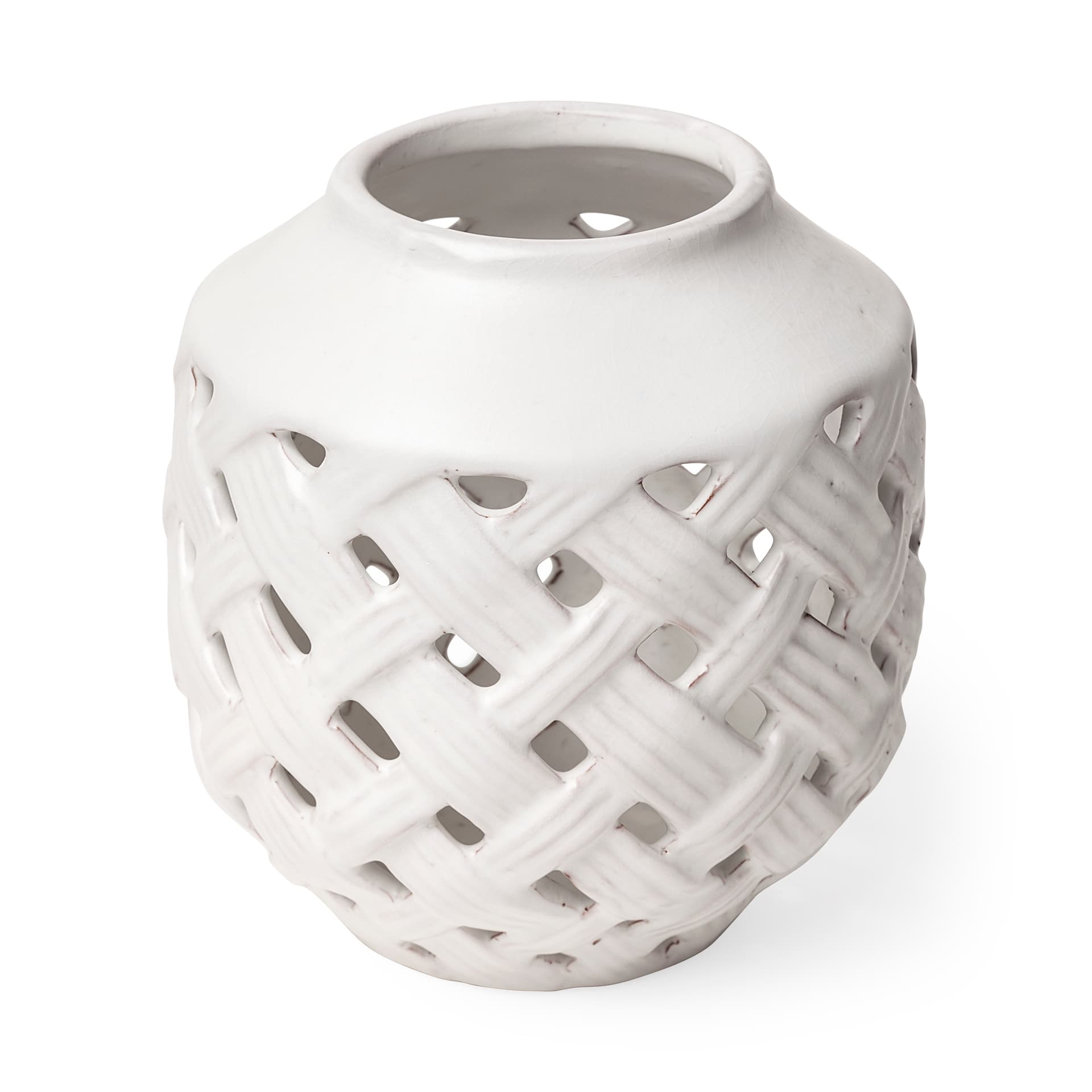 Forillon I Short White Glazed Lattice Pattern Vase — product photograph