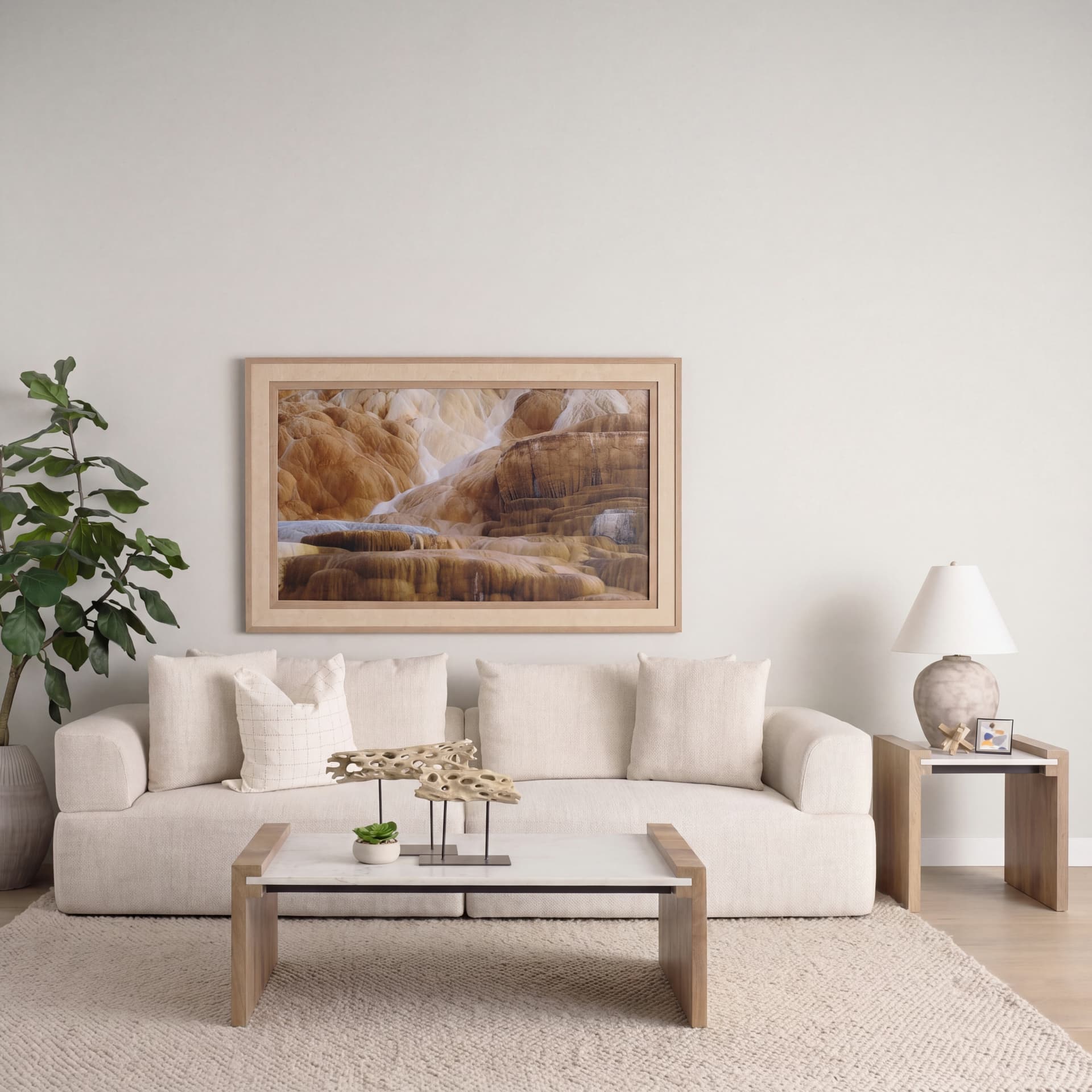 Athens 48.0L x 28.0W x 16.0H Light Brown Wood and White Marble Coffee Table — in a styled room