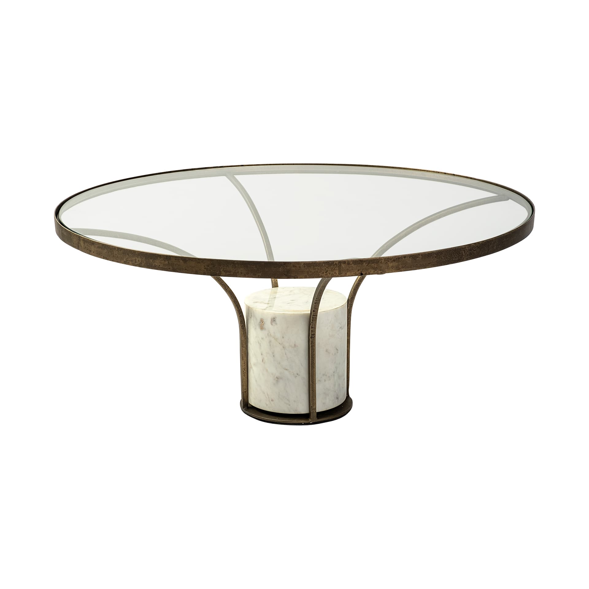 Jacinta 36" Round Glass Top Metal and Marble Pedestal Coffee Table — product photograph