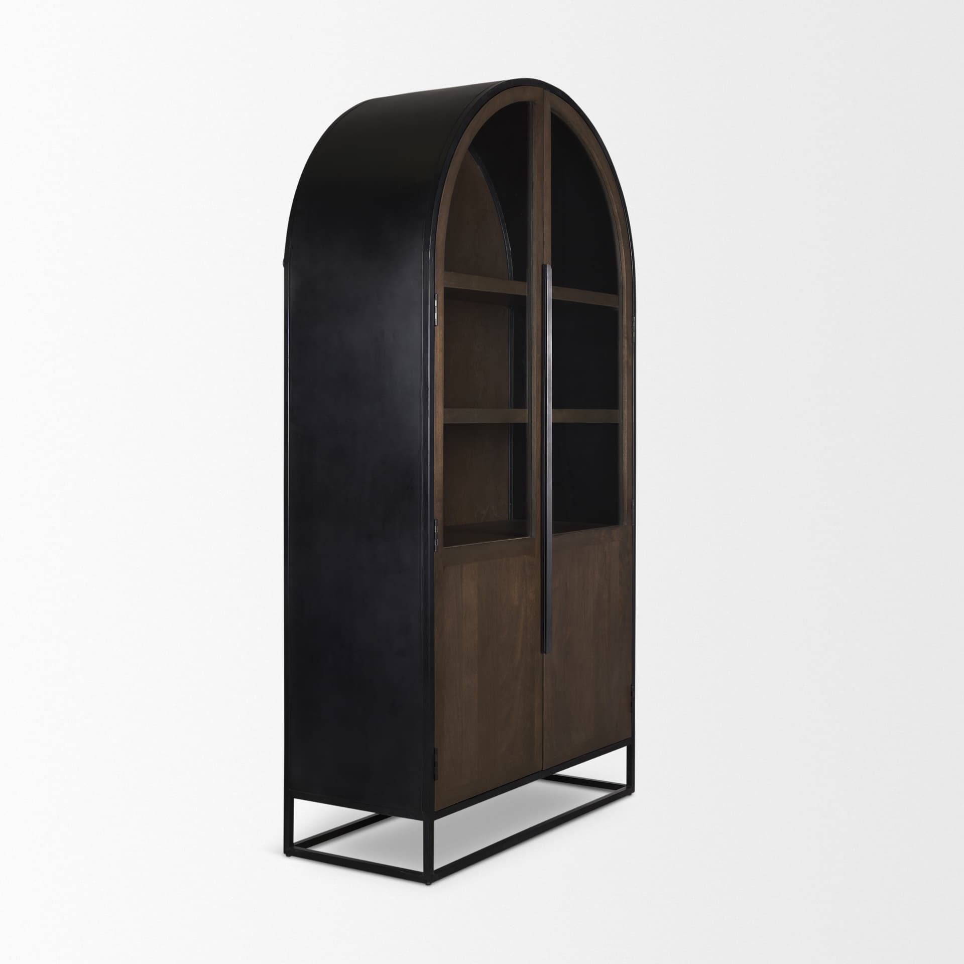 Sloan 42W x 80H Dark Brown Wood W/Black Metal Arched Curio Cabinet — product photograph