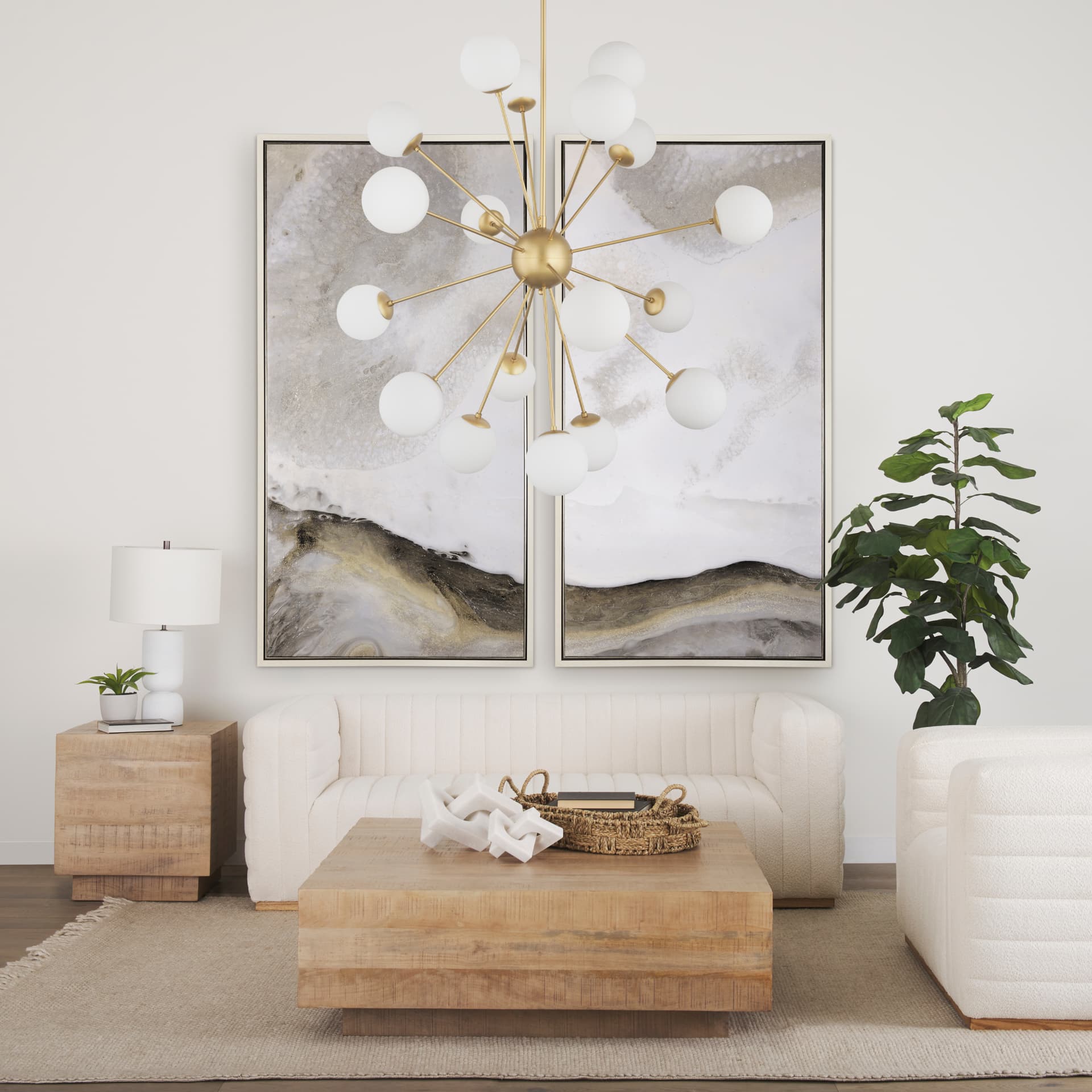 Barbara Brushed Gold Metal w/ Frosted Glass Globes 18-Light Chandelier — in a styled room