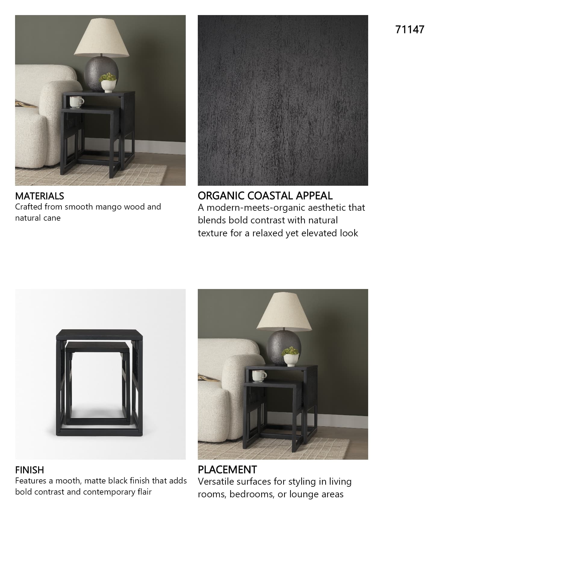 Grier Set of 2 Black Wood w/ Black Cane Nesting Accent Tables — in a styled room