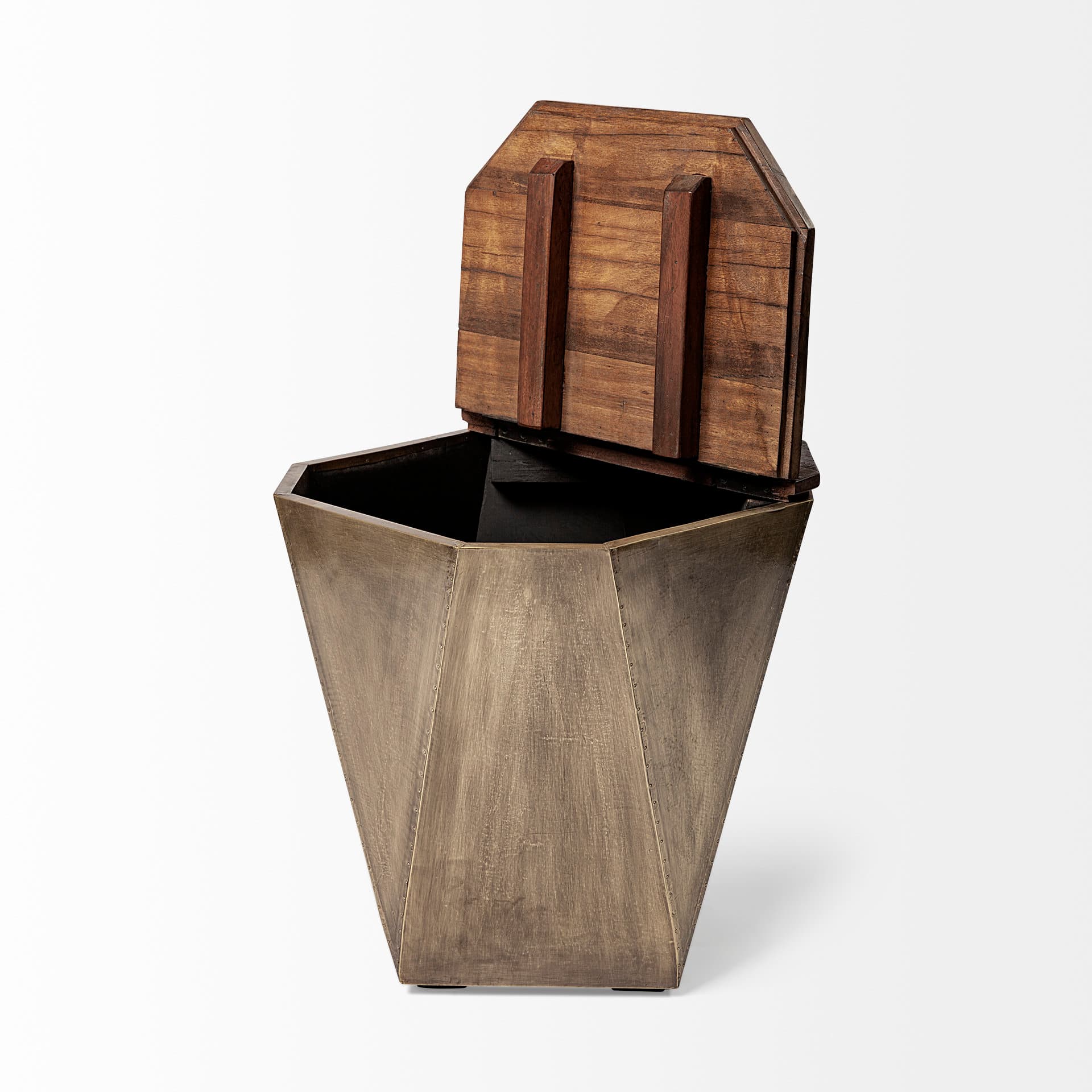 Esagono Octagonal Gold Metal-Clad Reclaimed Wood End/Side Table w/ Storage — product photograph