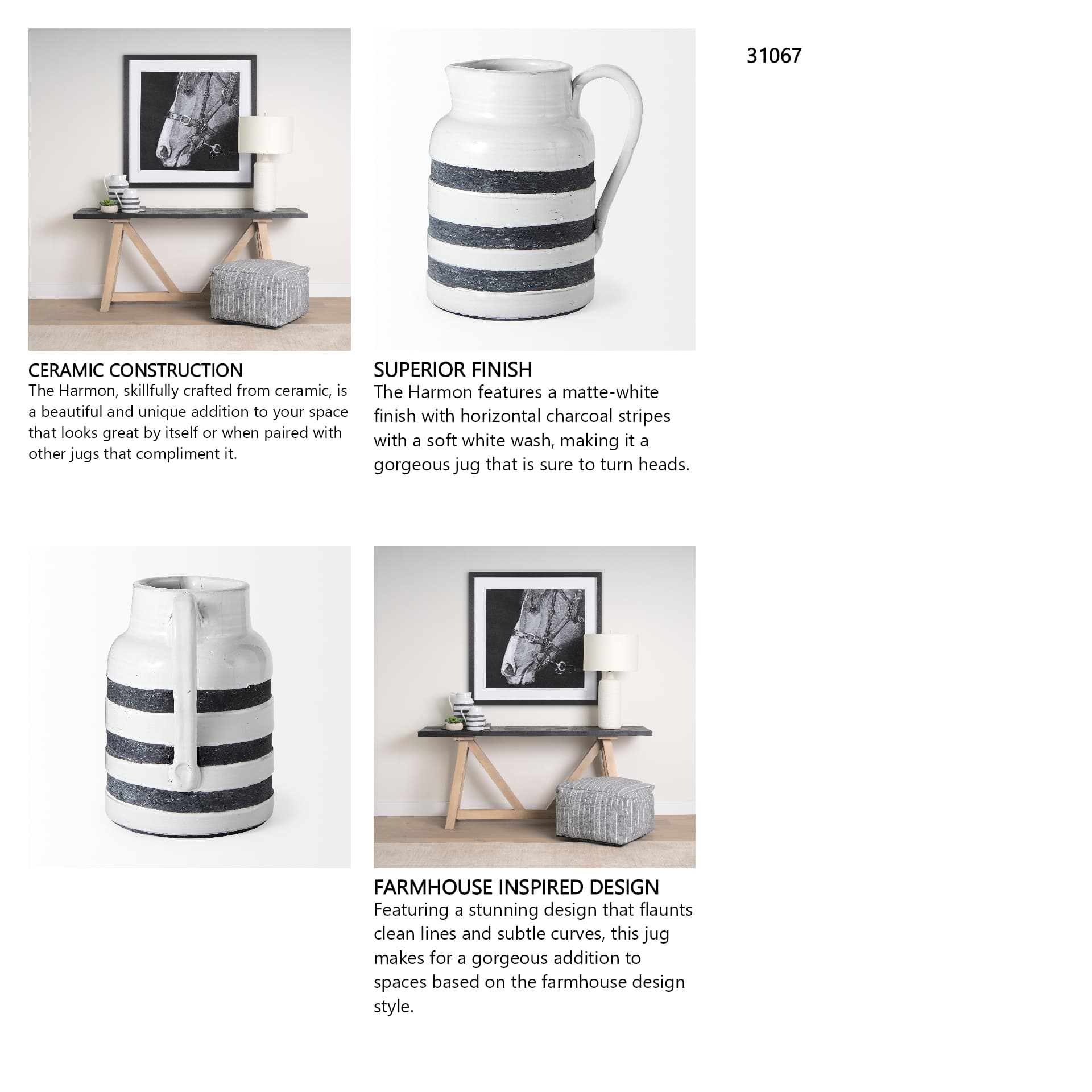 Harmon II Large White w/ Charcoal Stripes Ceramic Jug — in a styled room