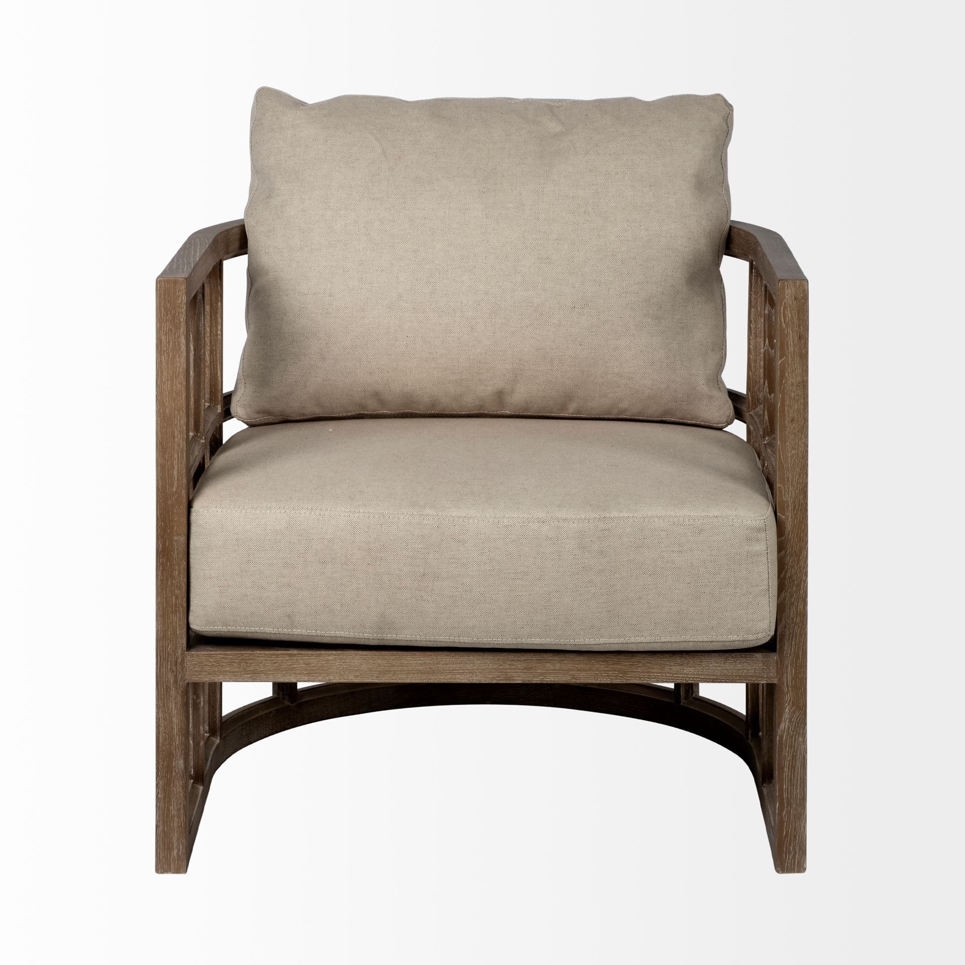 Skylar II Tan Fabric Covered Cushioned Demi-Lune Wooden Frame Accent Chair — product photograph