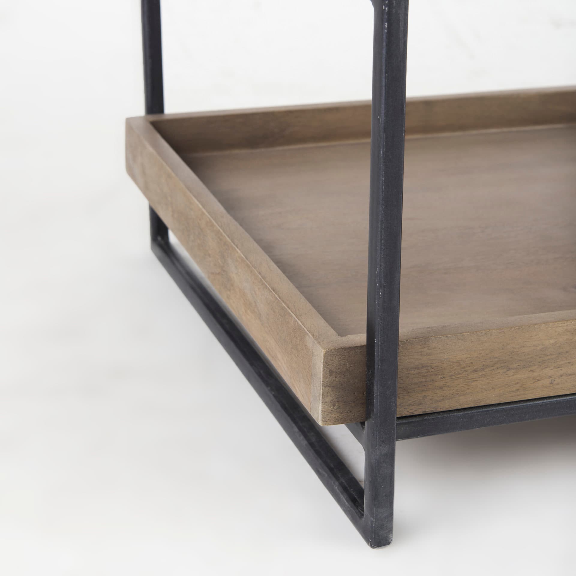 Trey III 20" x 26" Square Medium Brown Wooden Three-Tiered Black Iron Frame End/Side Table — product photograph
