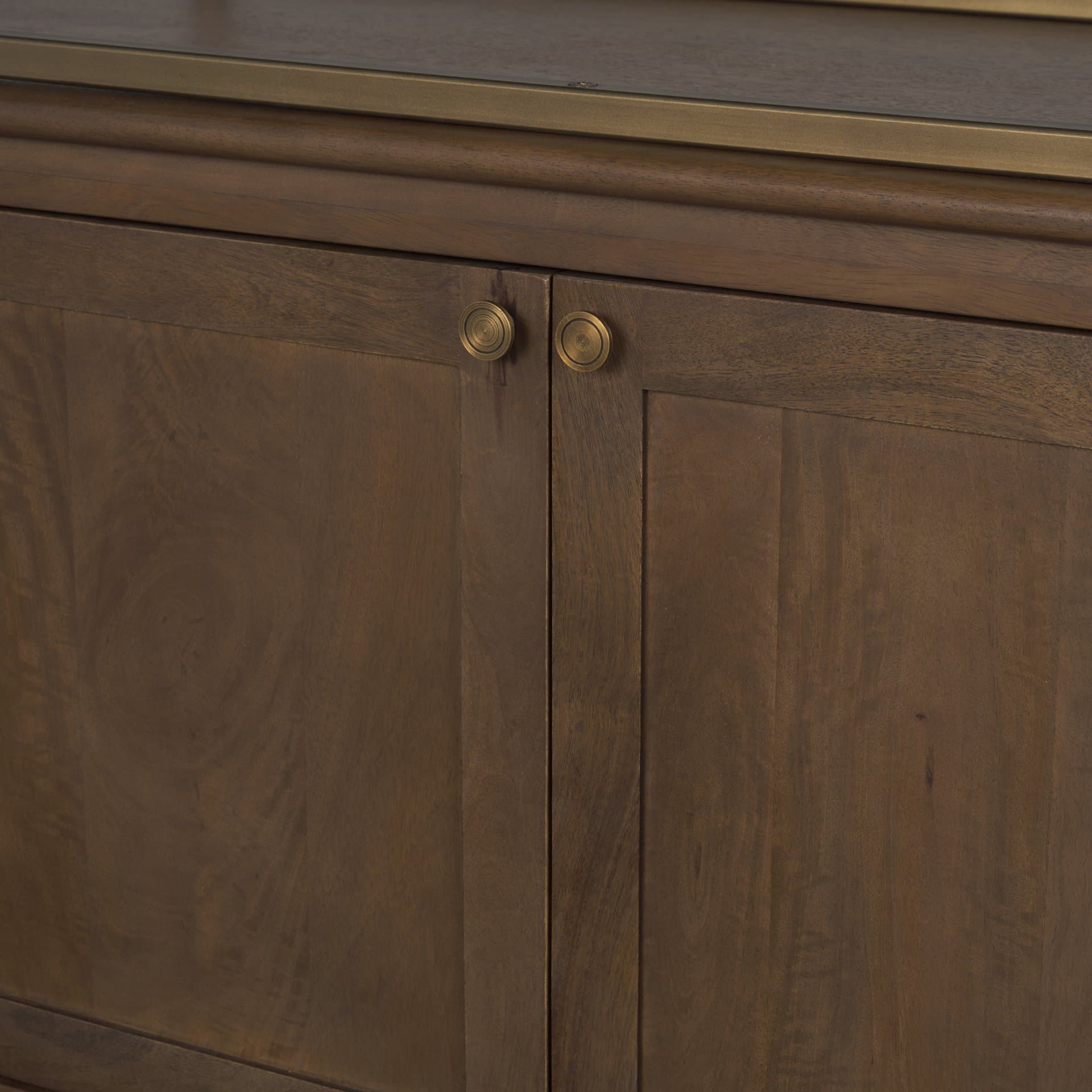 Baron 4-Door Dark Brown Wood w/ Antique Brass Metal Open Shelving Unit — product photograph