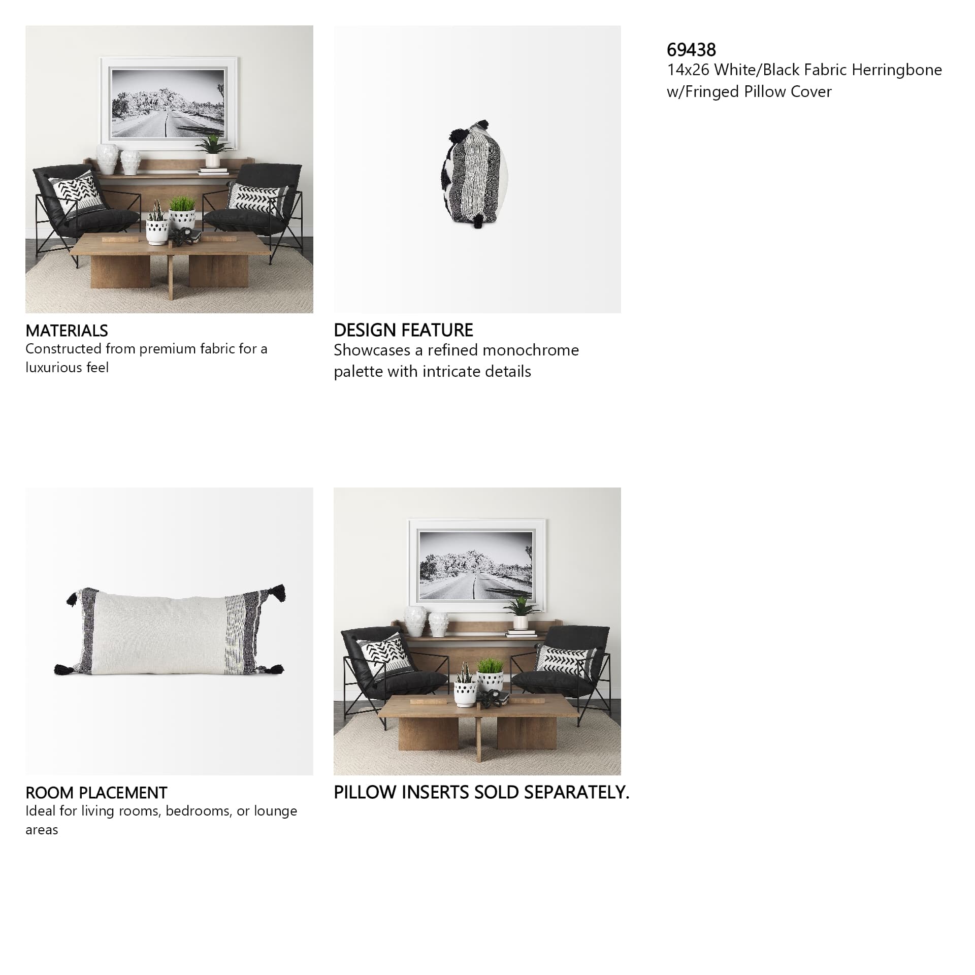 Kimia 14x26 White/Black Fabric Herringbone w/Fringed Pillow Cover — in a styled room