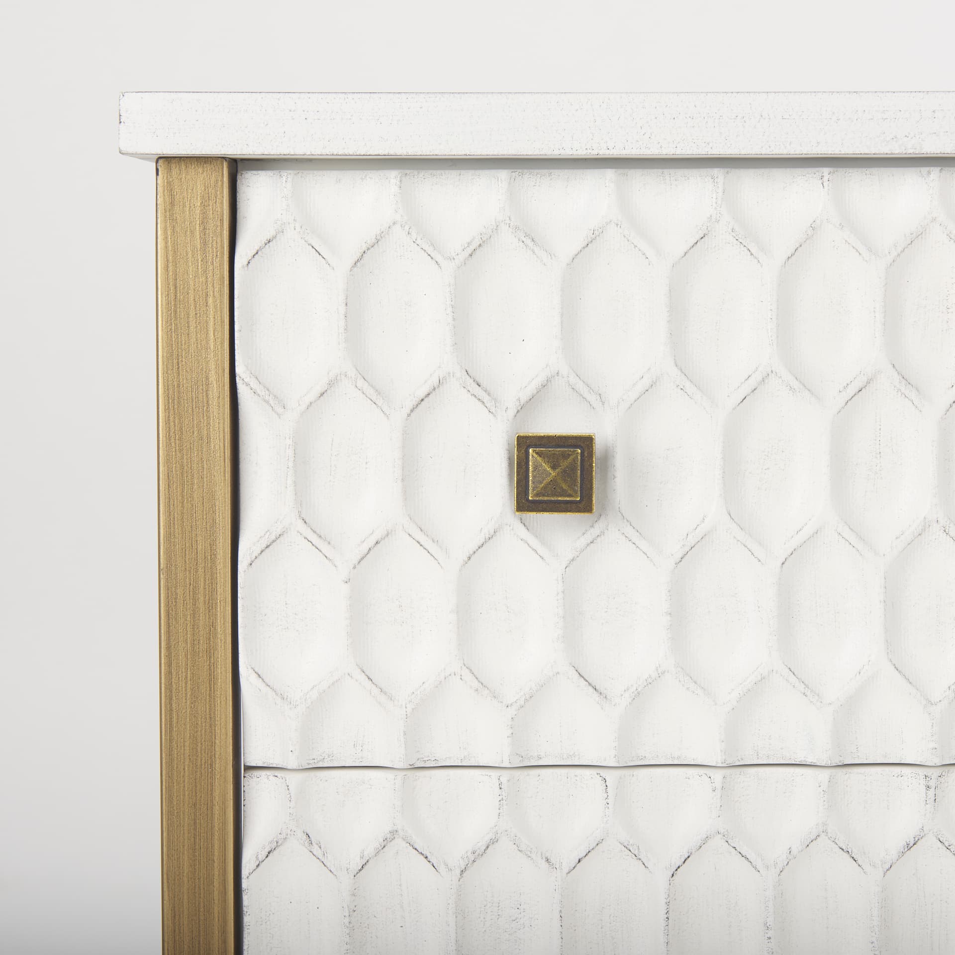 Savannah White Fir Veneer w/ Gold Metal 3-Drawer Accent Cabinet — product photograph