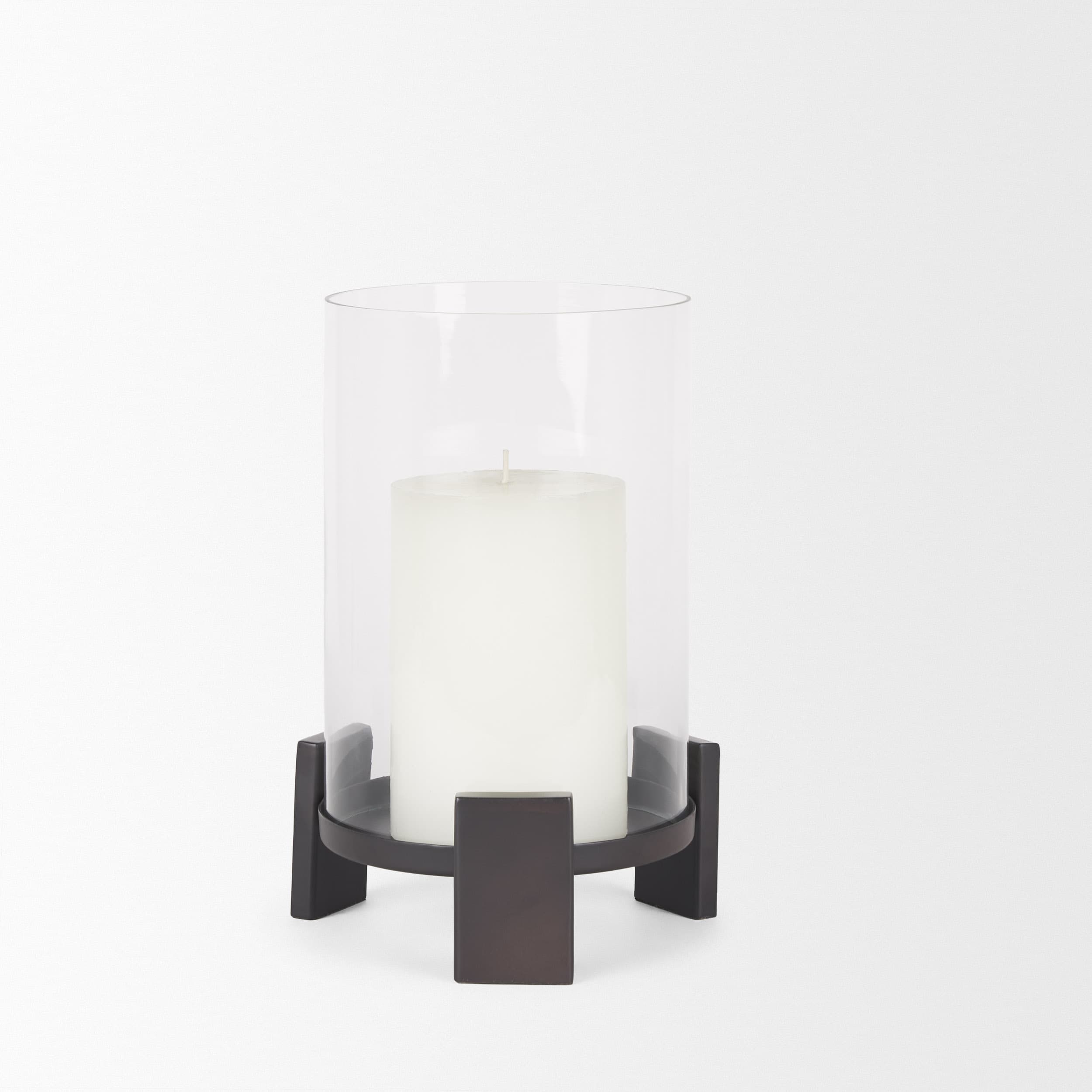Price Small Matte Black-Brown Metal w/ Glass Hurricane Candle Holder — product photograph