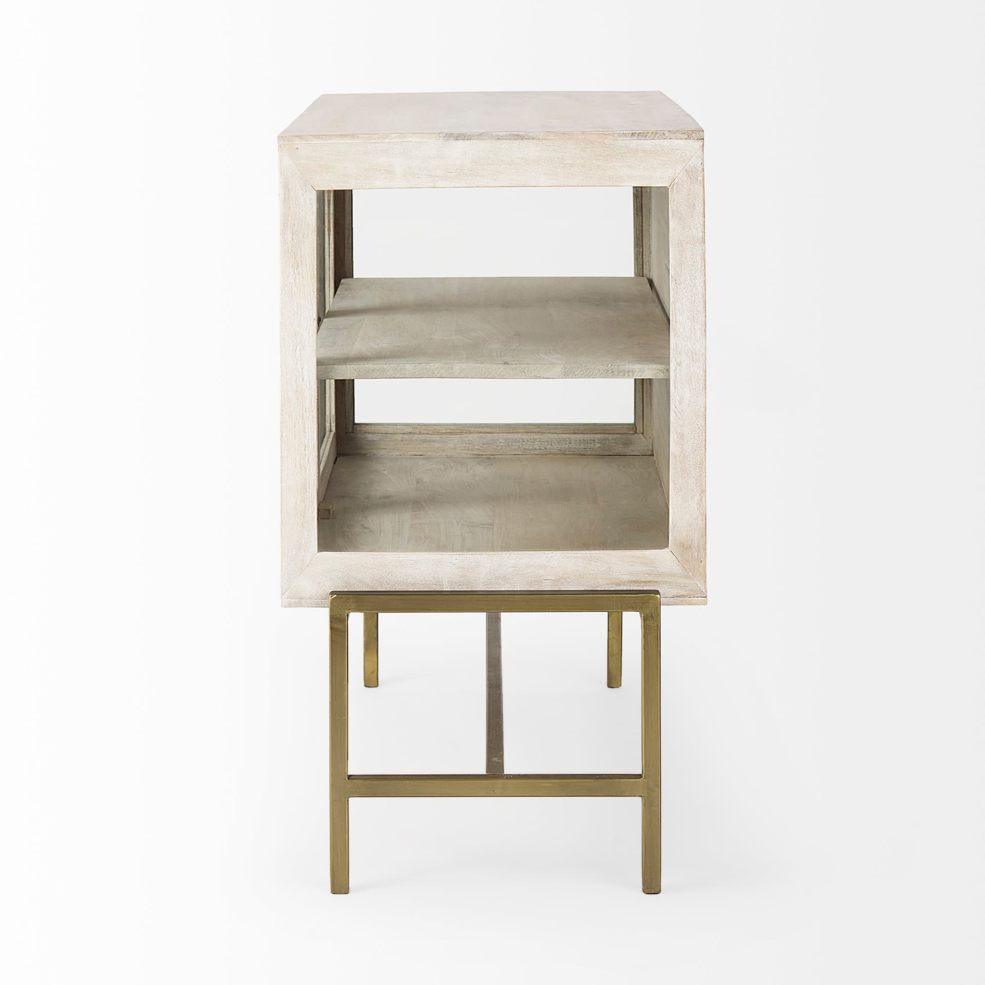 Arelius 36L x 18W x 32H White Wood, Gold Metal Base w/ 2 Glass Doors Accent Cabinet — product photograph