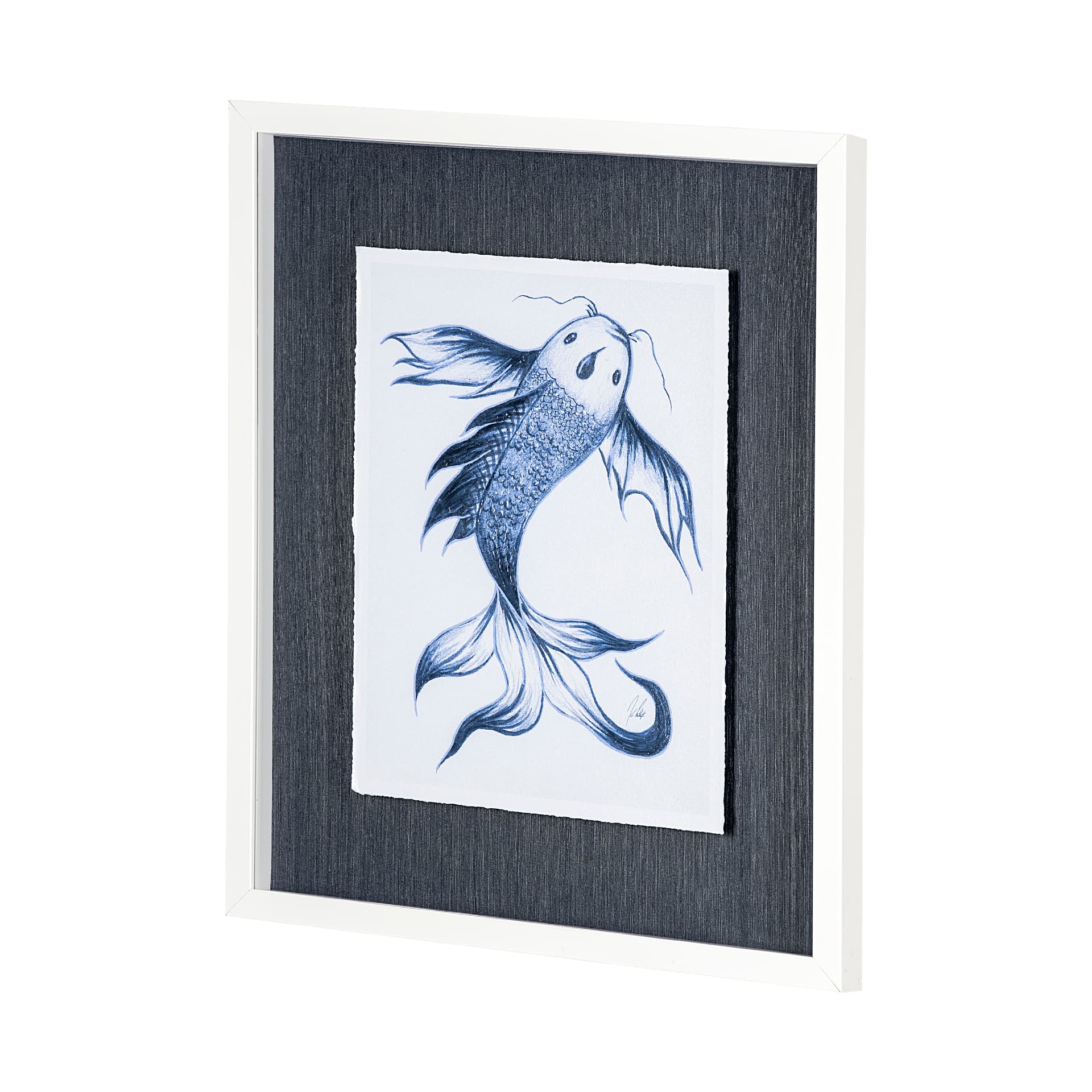 Koi Fish Blue I by Mercana Studio a Hand Embellished Textured Framed Art Print Matted under Glass — product photograph