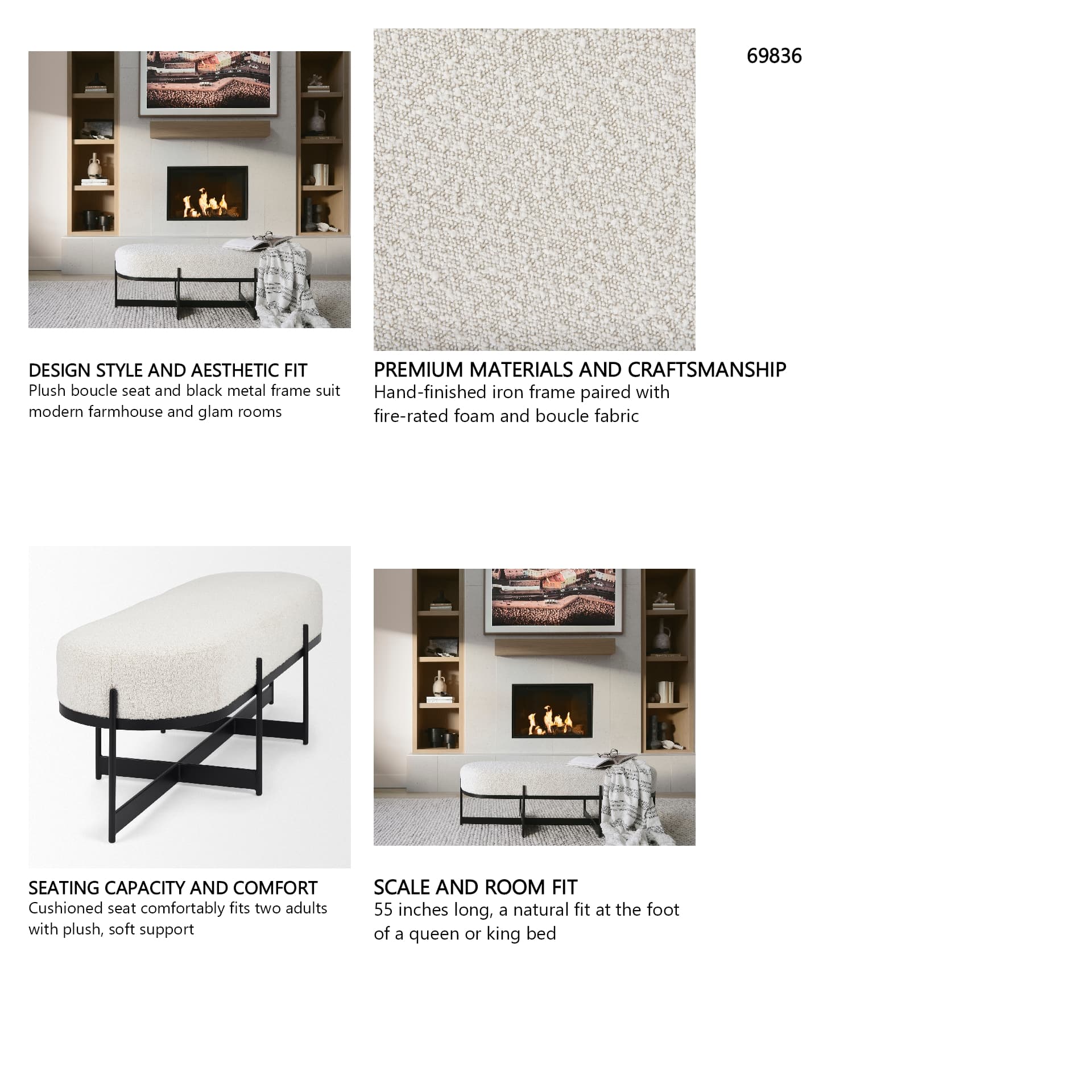 Amelia 55.0L x 18.0W x 18.0H Cream Boucle W/Black Metal Upholstered Bench — in a styled room