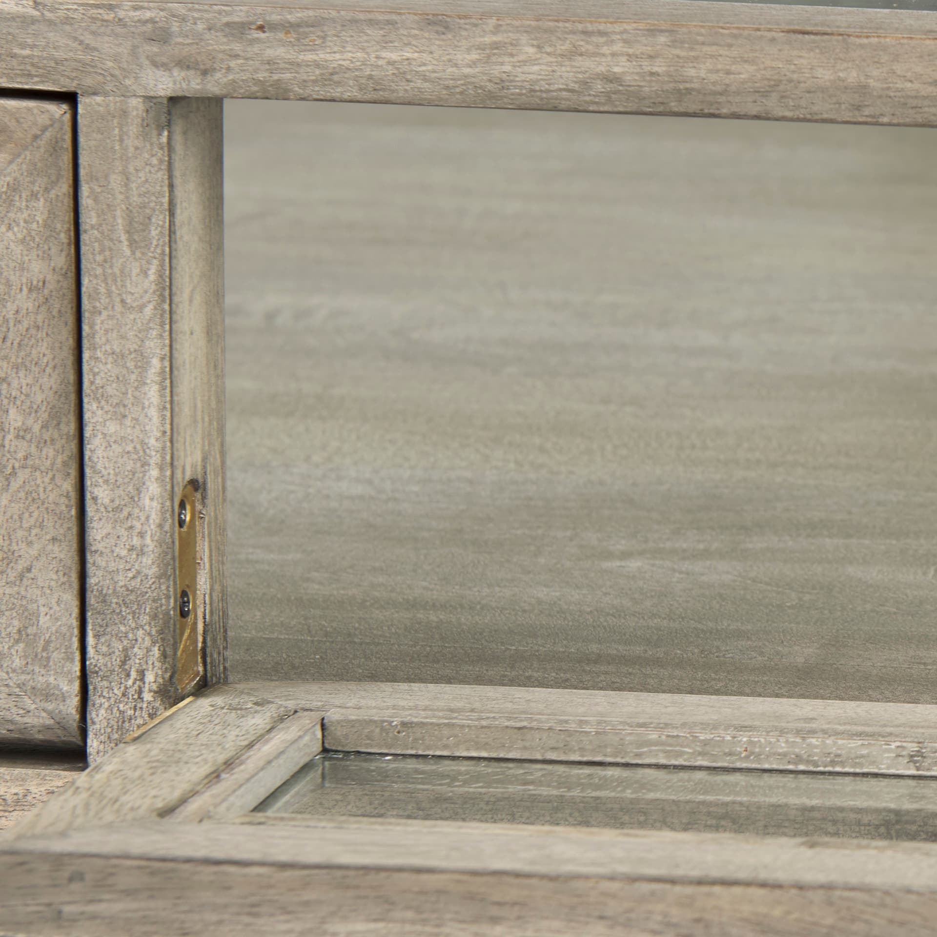 Arelius 42" Square Glass-Top Gray Wood w/ Black Metal Base Display Coffee Table — product photograph