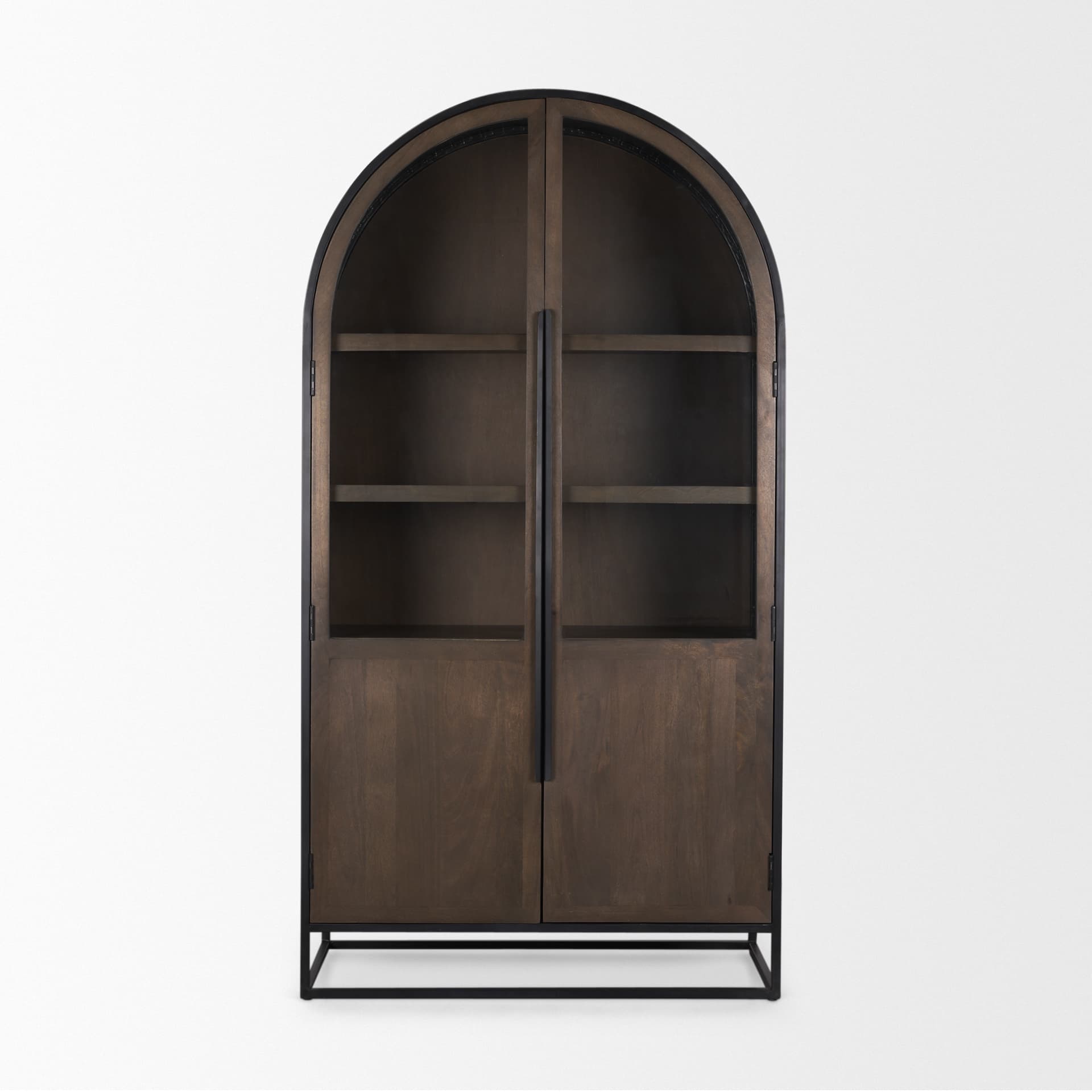 Sloan 42W x 80H Dark Brown Wood W/Black Metal Arched Curio Cabinet — product photograph