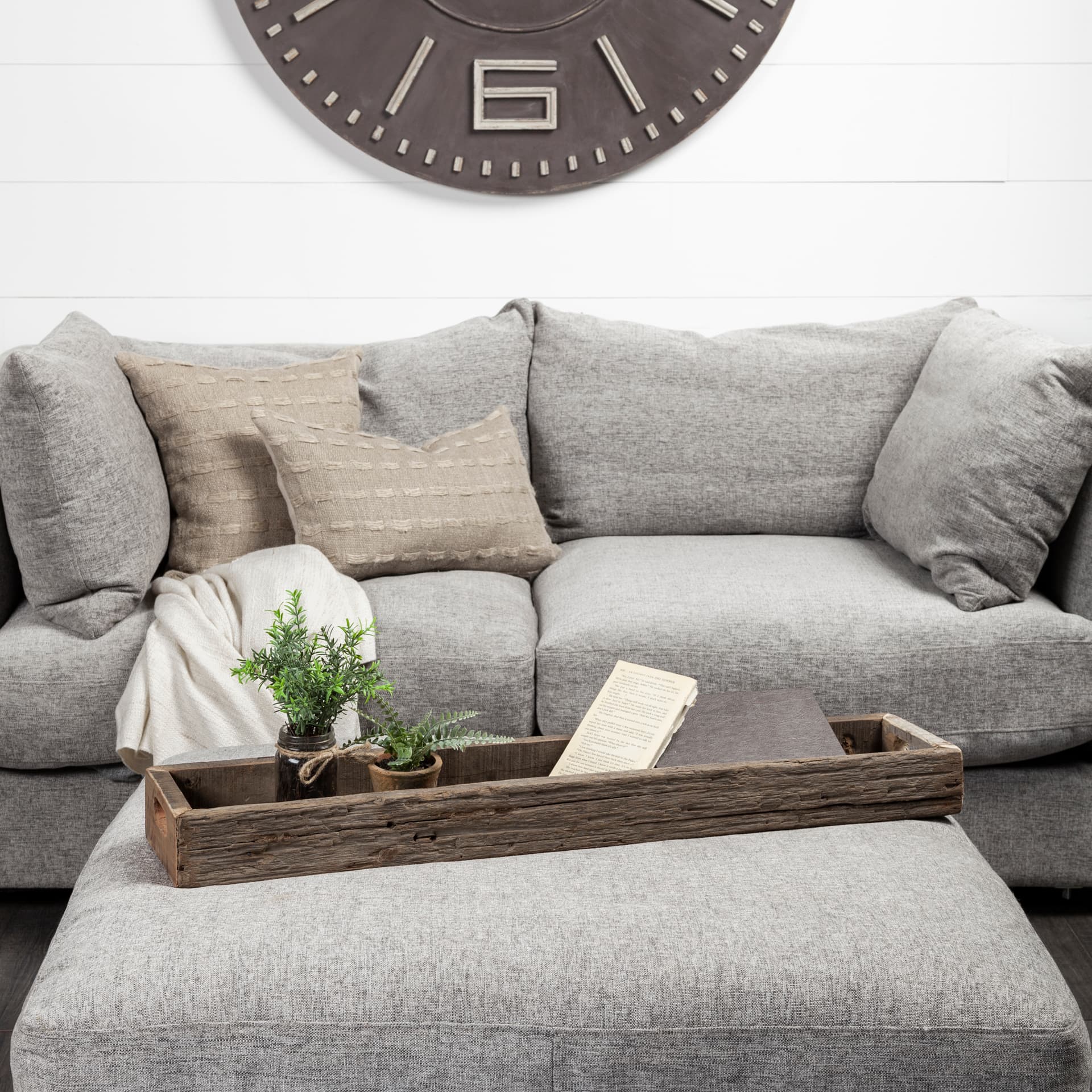 Vernon (Large) 36L x 7W Brown Reclaimed Wood Tray — in a styled room