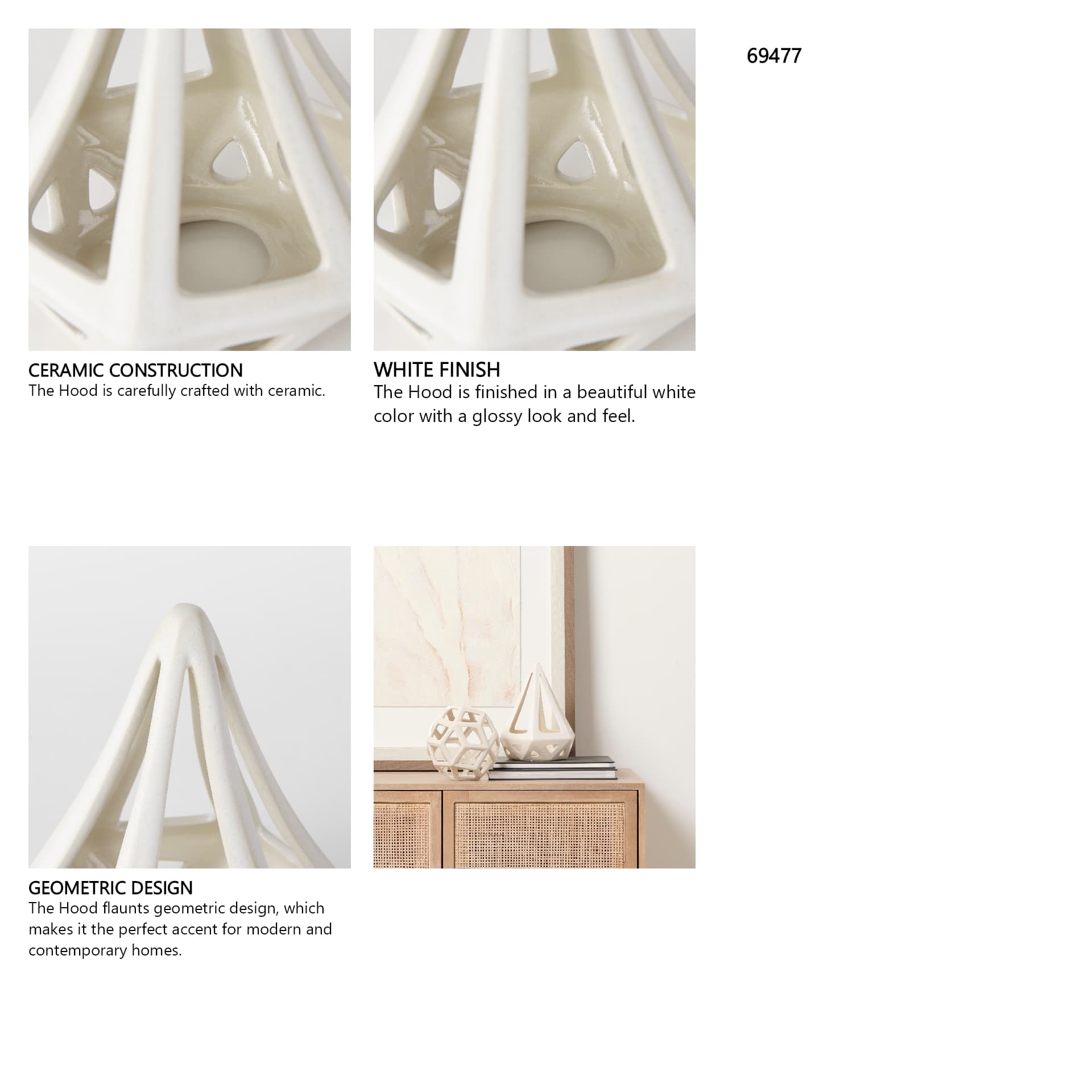 Hood 7.7L x 7.7W x 9.4H White Geometric Ceramic Object — in a styled room