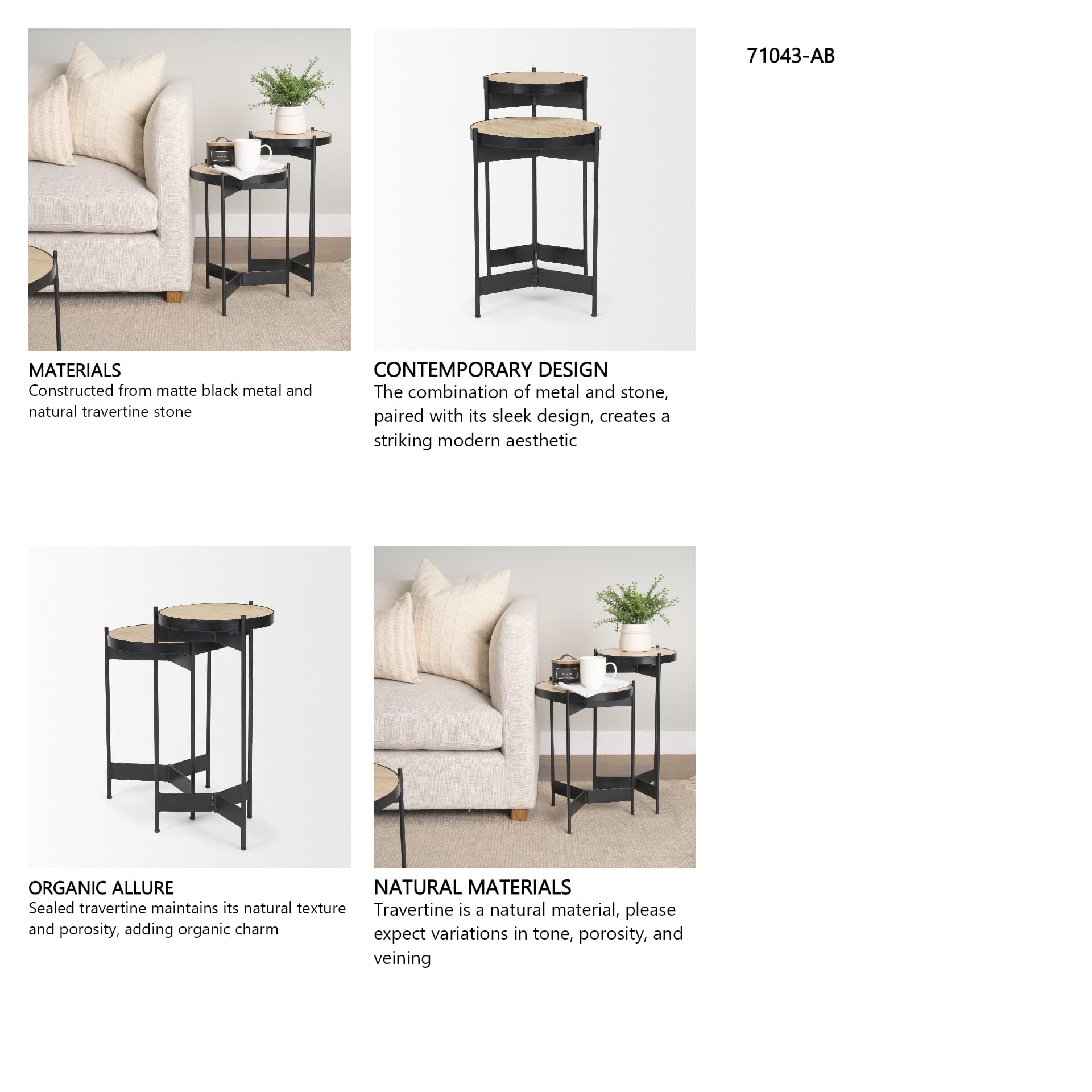 Wade Travertine Marble w/ Matte Black Metal End Tables — in a styled room
