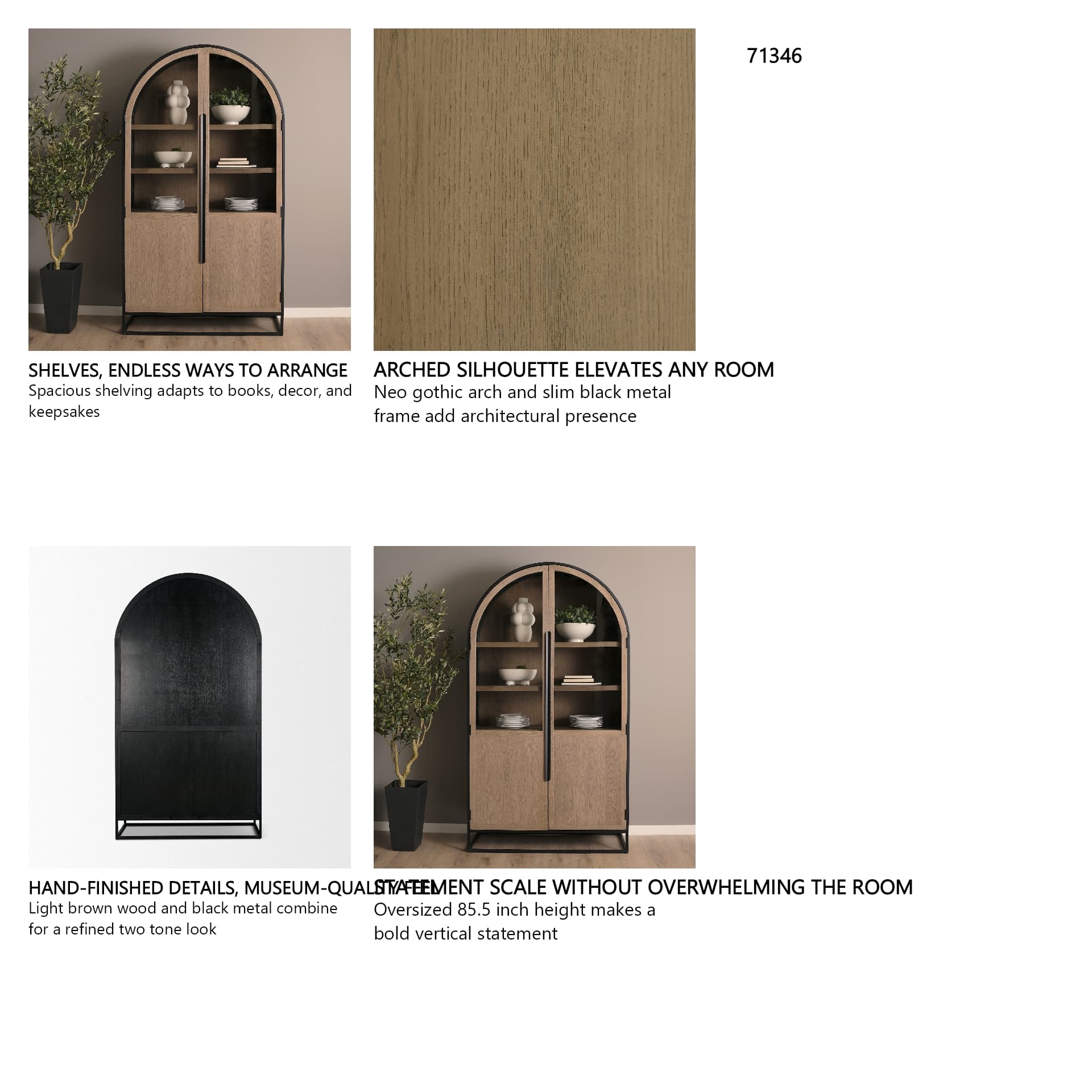 Sloan 47.5W x 80.5H Light Brown W/Black Metal Frame Arched Cabinet — in a styled room