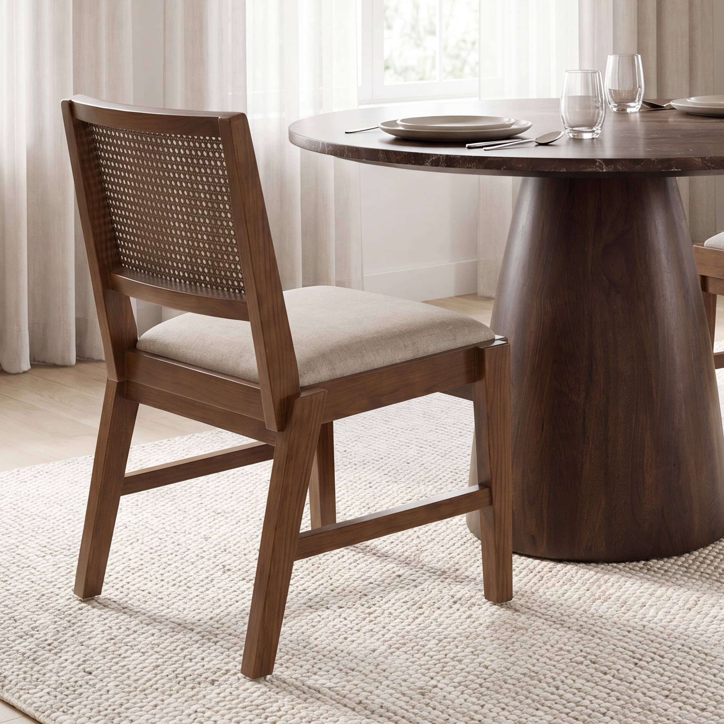 Reid Cane Back Dining Side Chair | Cream Fabric w/ Brown Wood — product photograph