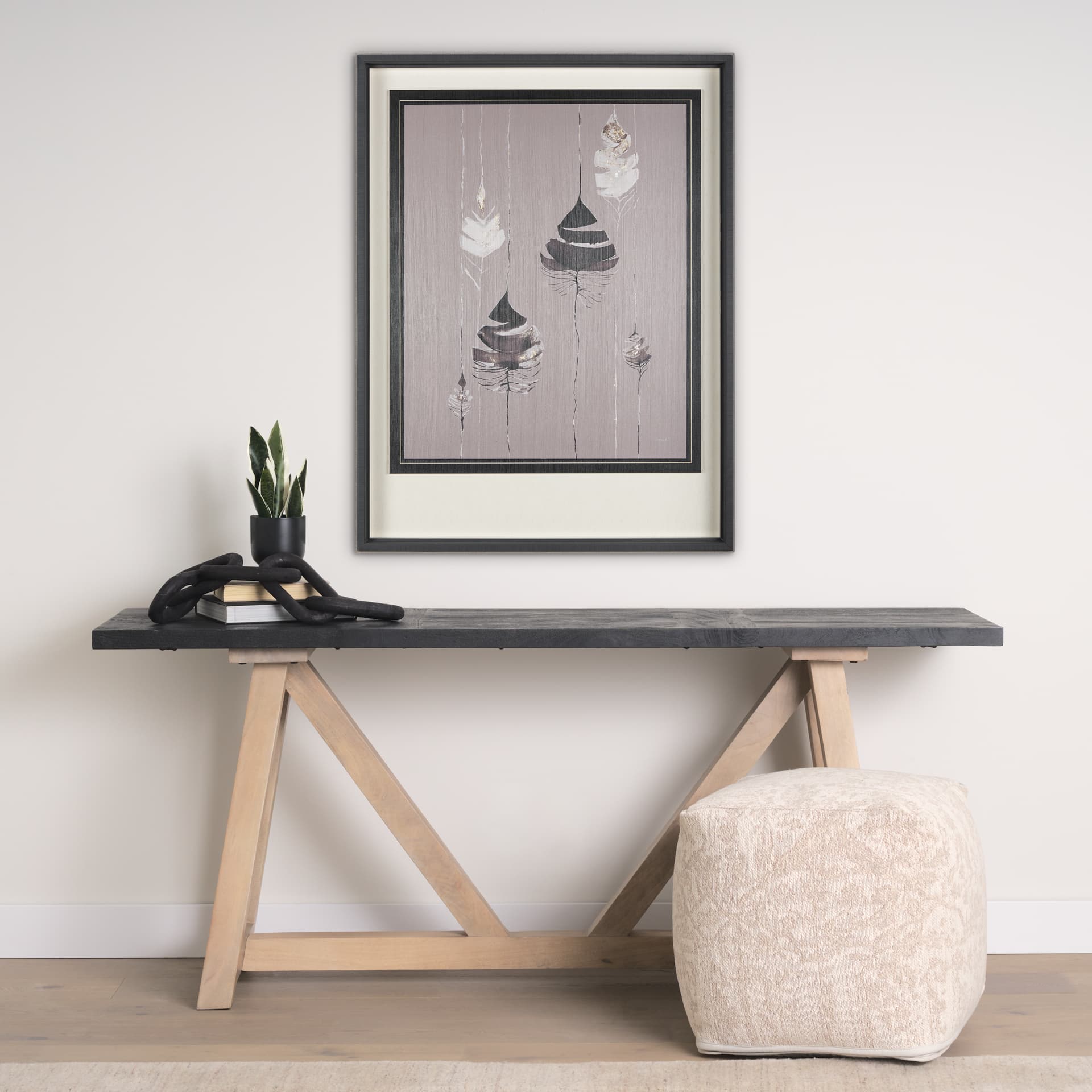 Rain of Feather Warm Gray by Mercana Studio Hand Embellished Framed Art Print Matted under Glass — in a styled room