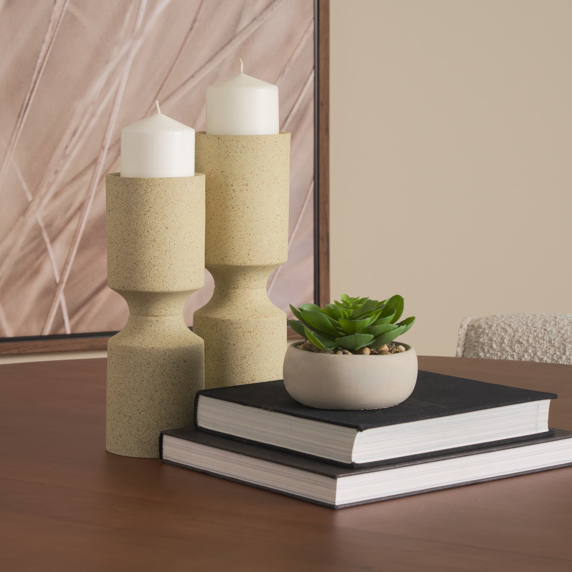 Akira Large Textured Beige Metal Pillar Candle Holder — in a styled room