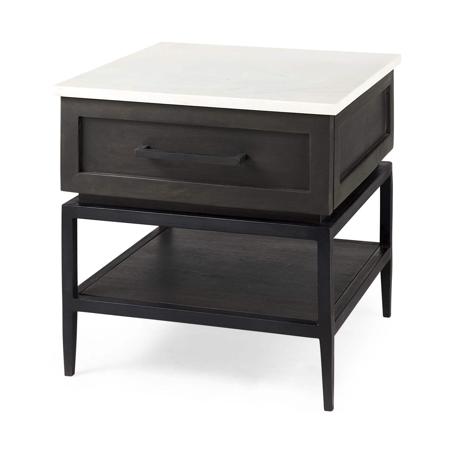 Divina Black-Brown Wood w/ White Marble Top and Black Metal Base 1 Drawer Side Table — product photograph