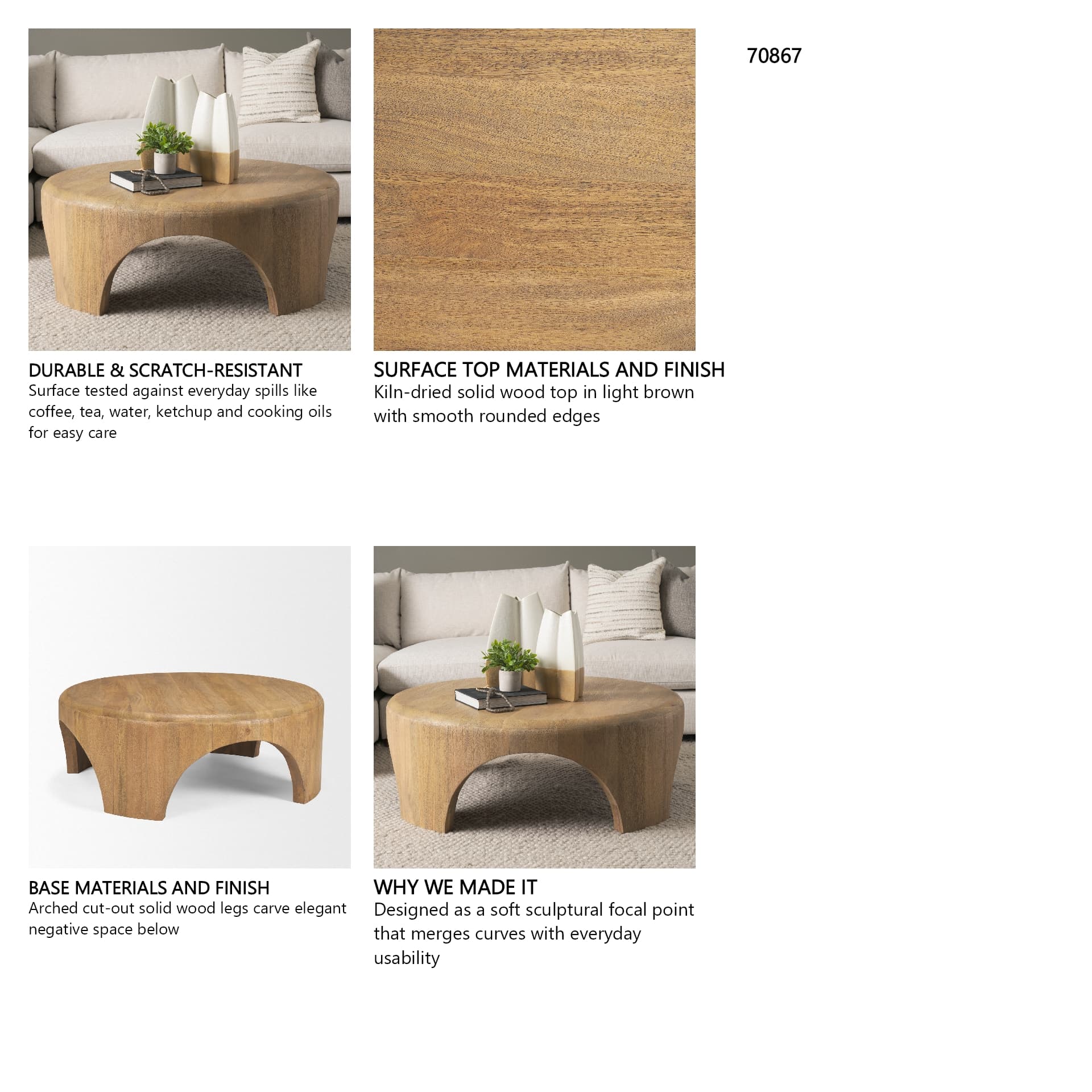 Shima Round Light Brown Wood W/Arched Legs Coffee Table — in a styled room