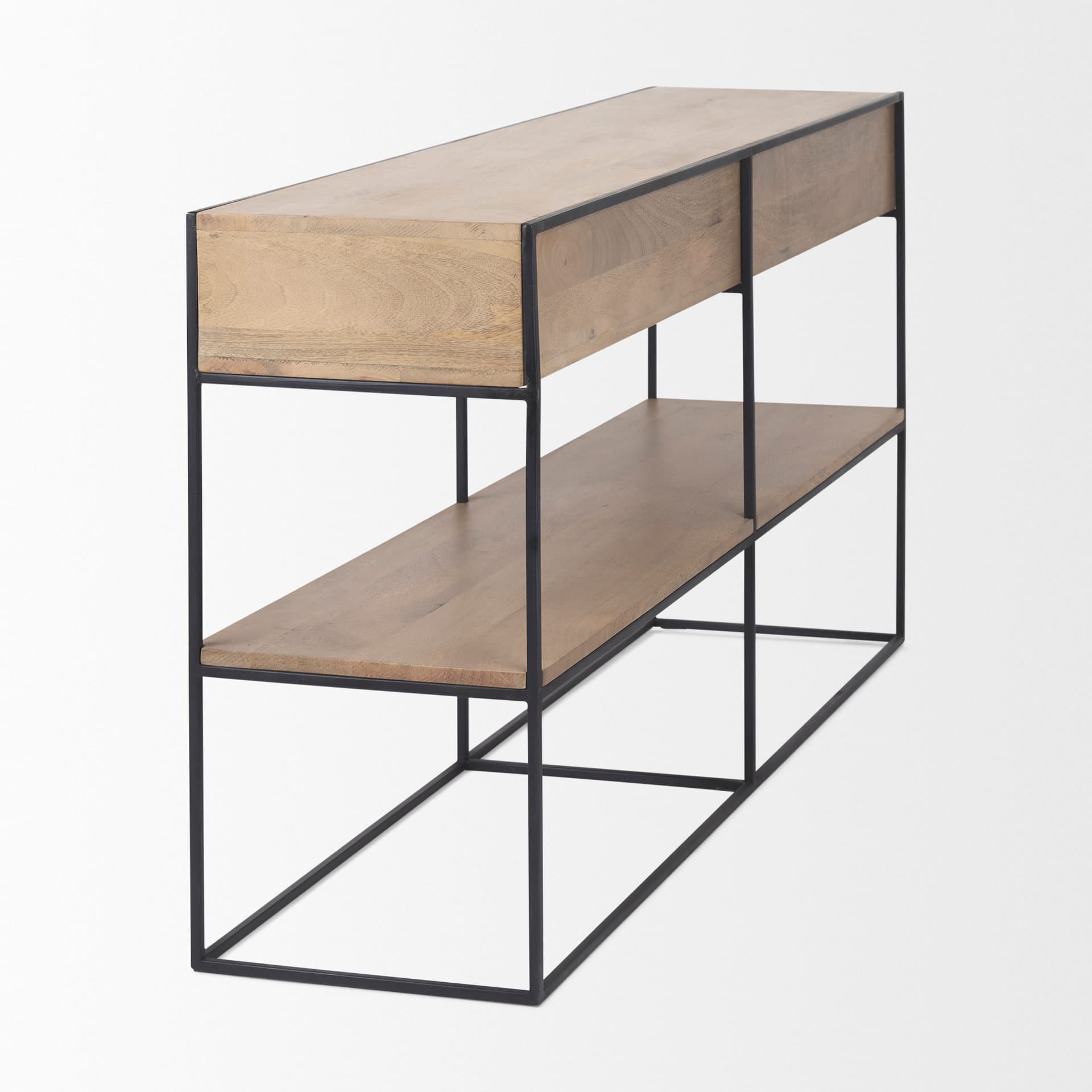 Morris 63.0L x 15.0W x 31.0H Beige Wood w/ Black Metal Frame 2 Drawer Console Table — product photograph