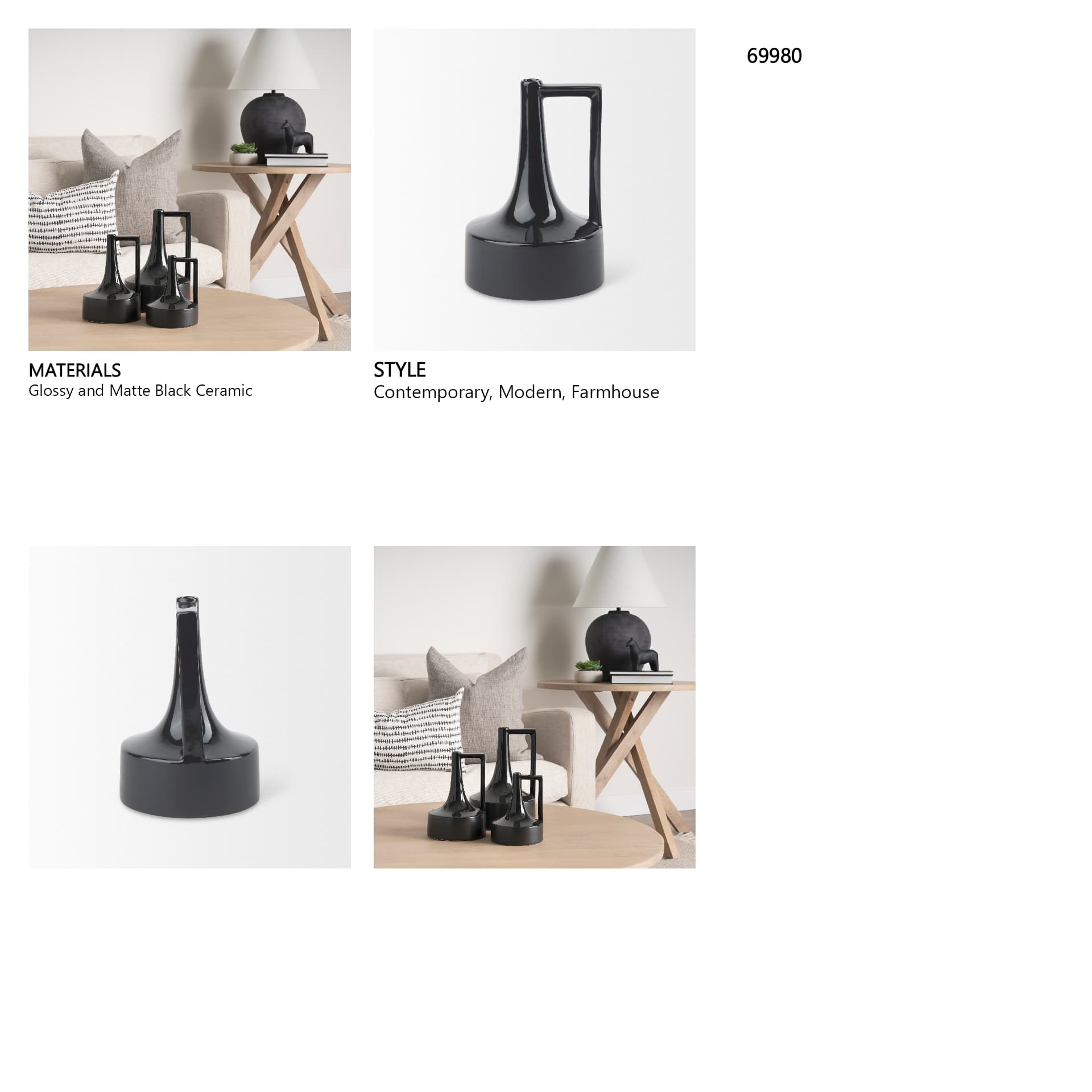 Burton 11.6H Medium Glossy and Matte Black Ceramic Jug Vase — in a styled room
