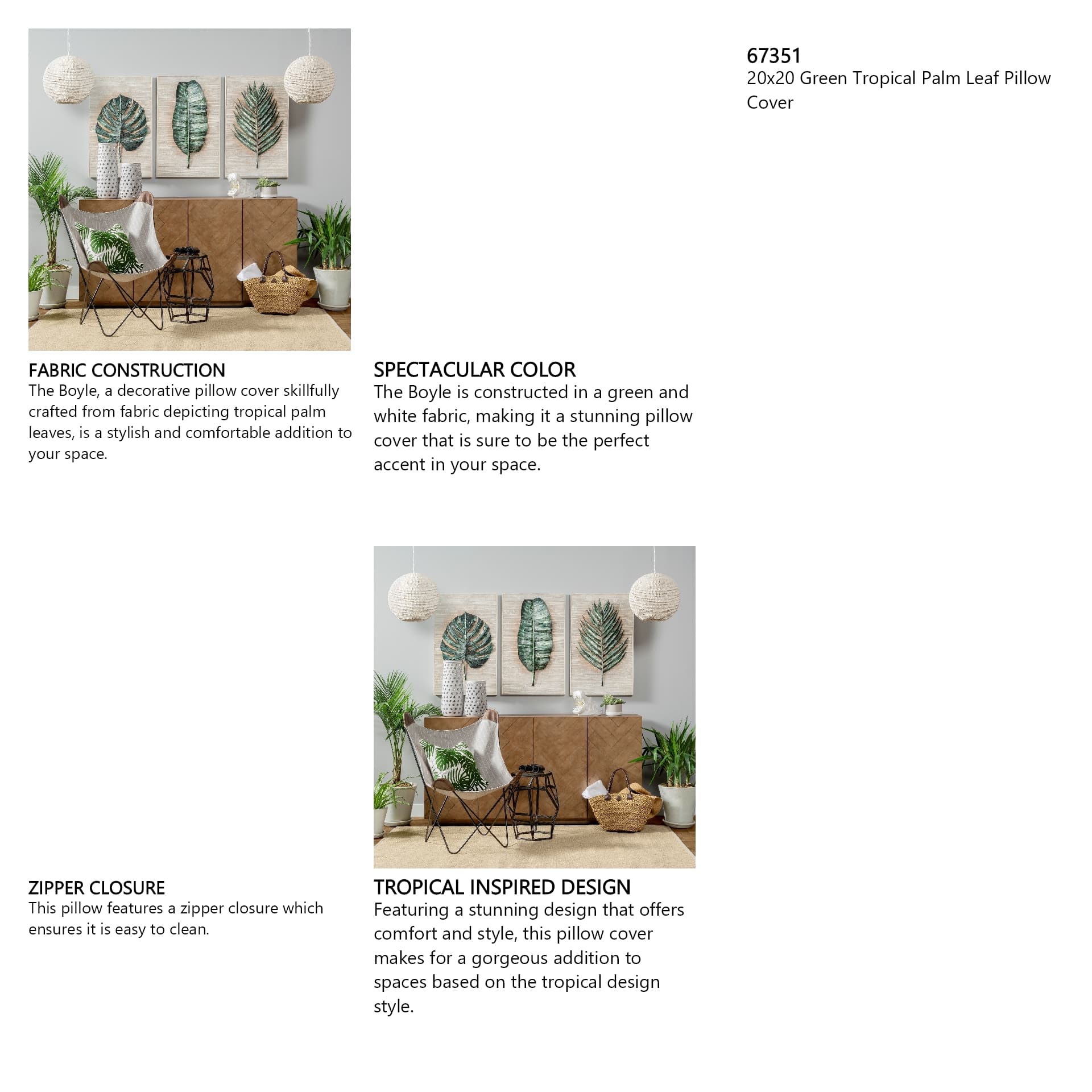 Boyle 20x20 Green Tropical Palm Leaf Pillow Cover — in a styled room
