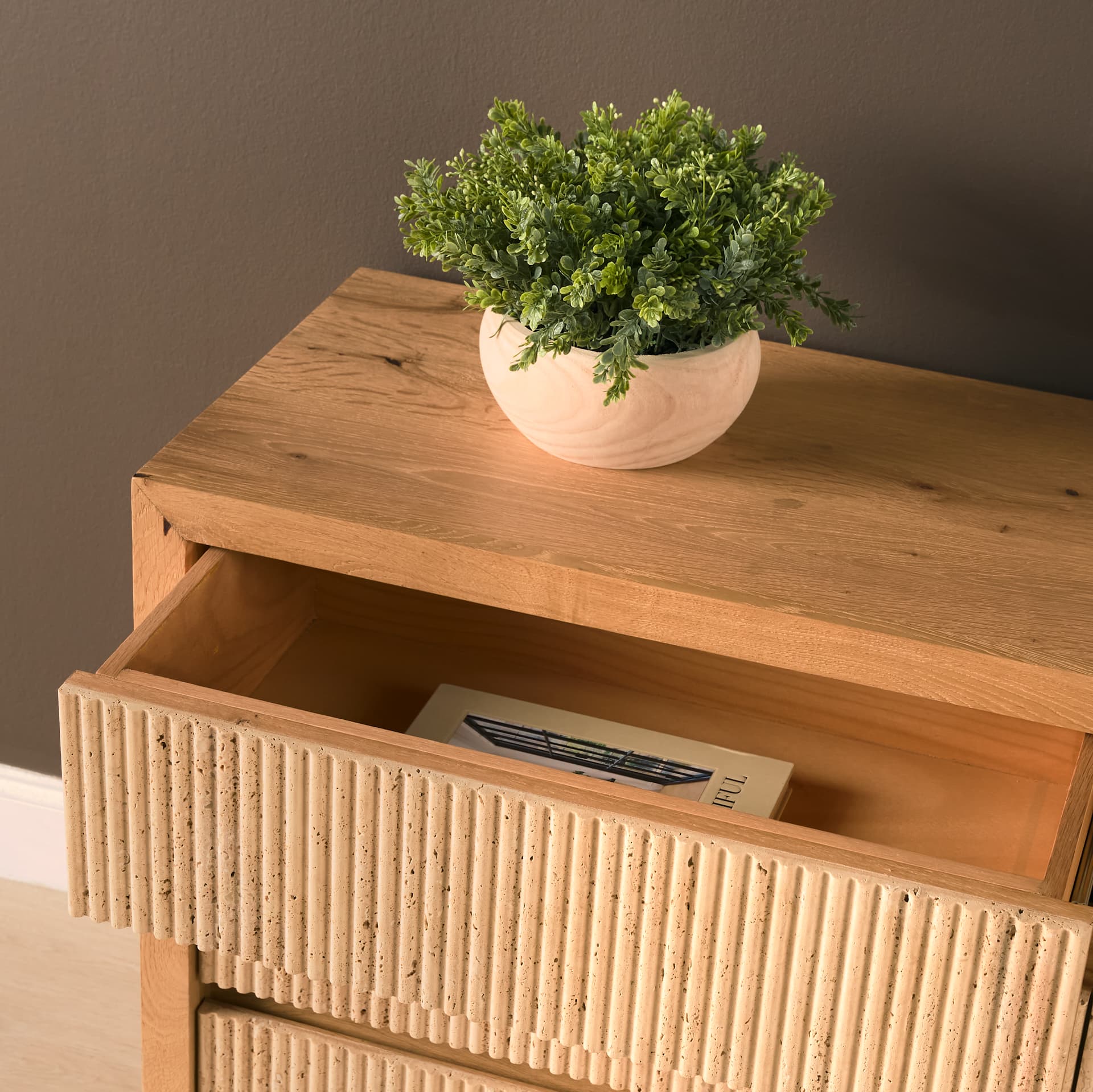 Travona Oak Wood w/ Travertine 6 Drawer Dresser — product photograph