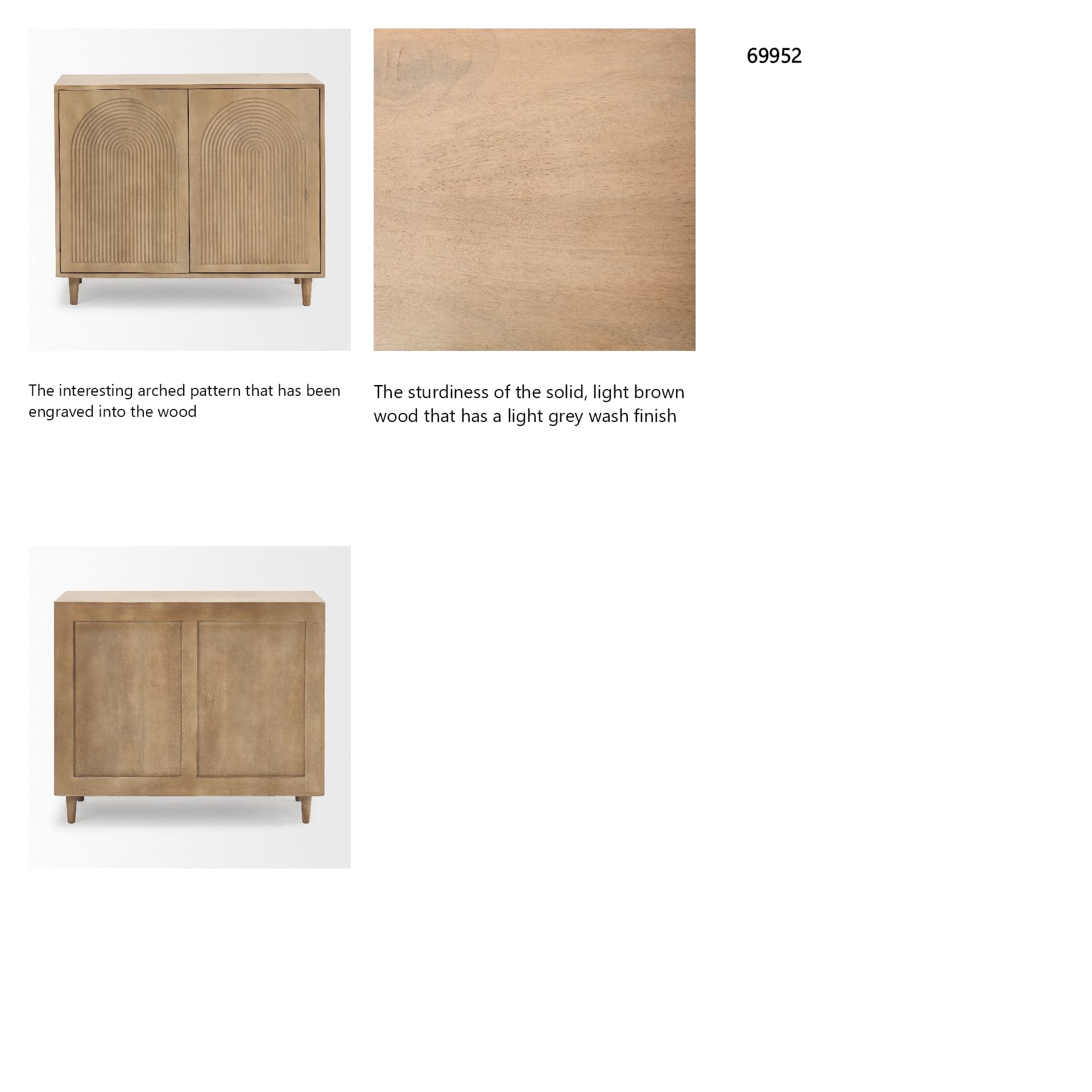 Tucker Light Brown Wood w/ Carved Arch Pattern 2 Door Accent Cabinet — in a styled room