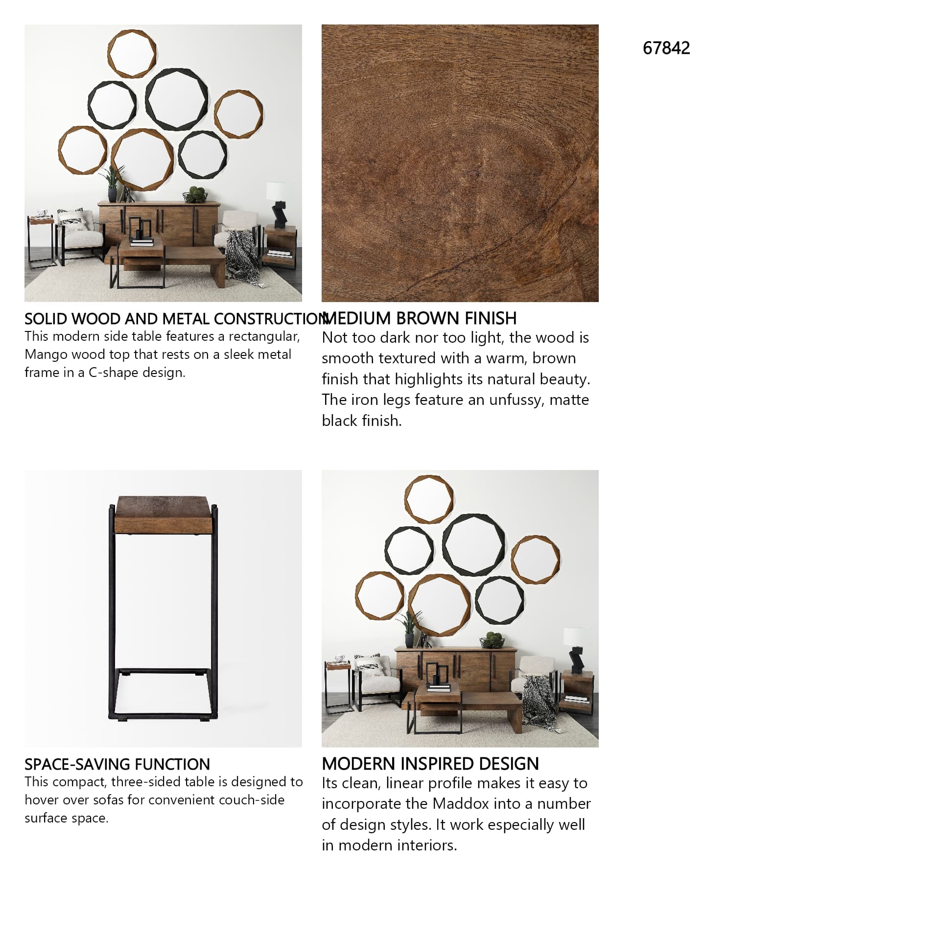 Maddox 16L x 13.5W x 27H Medium Brown Wood w/ Black Metal C-shaped End/Side Table — in a styled room