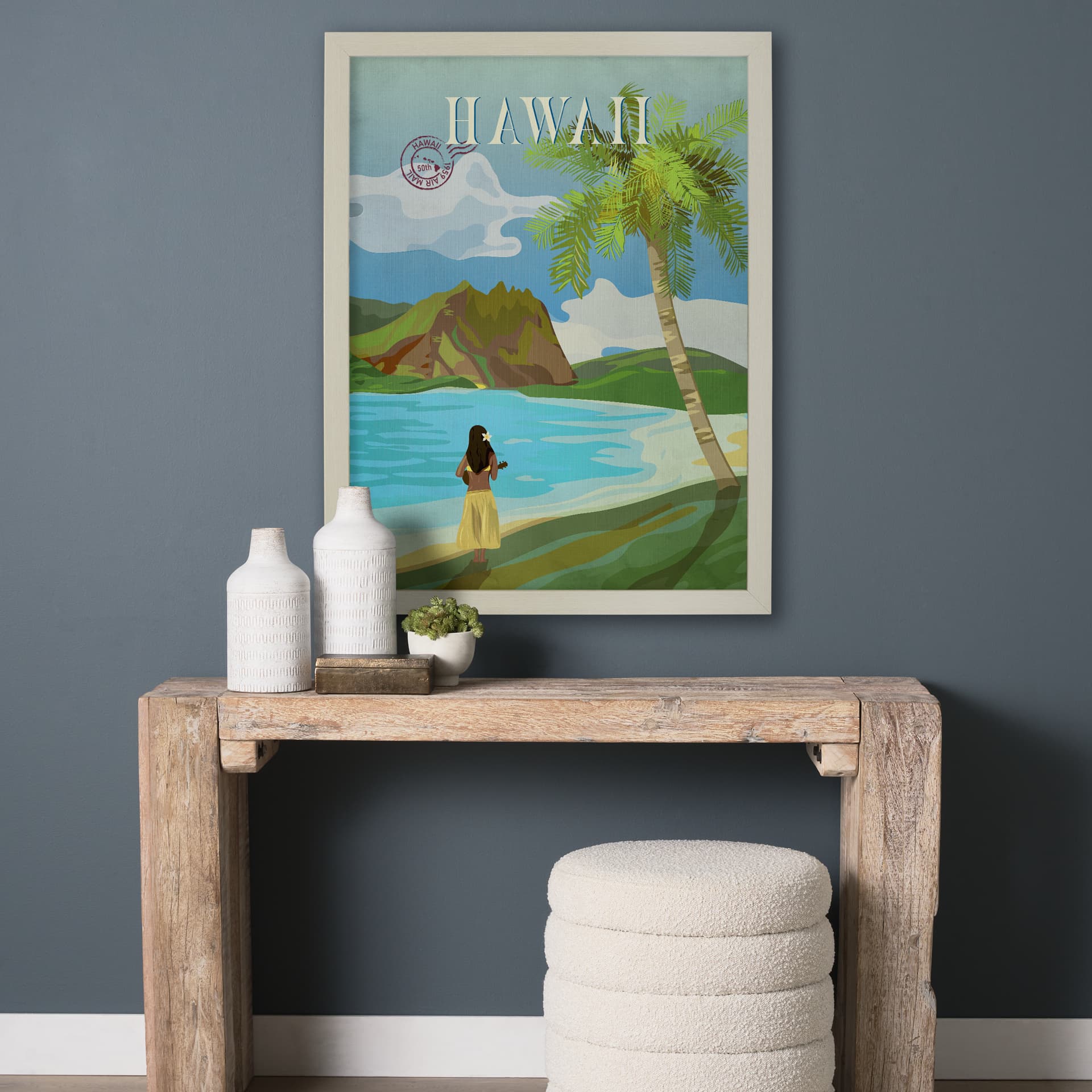 Hawaii Go USA (L) by Mercana Studio a Hand Embellished Decograph Framed Art Print — in a styled room