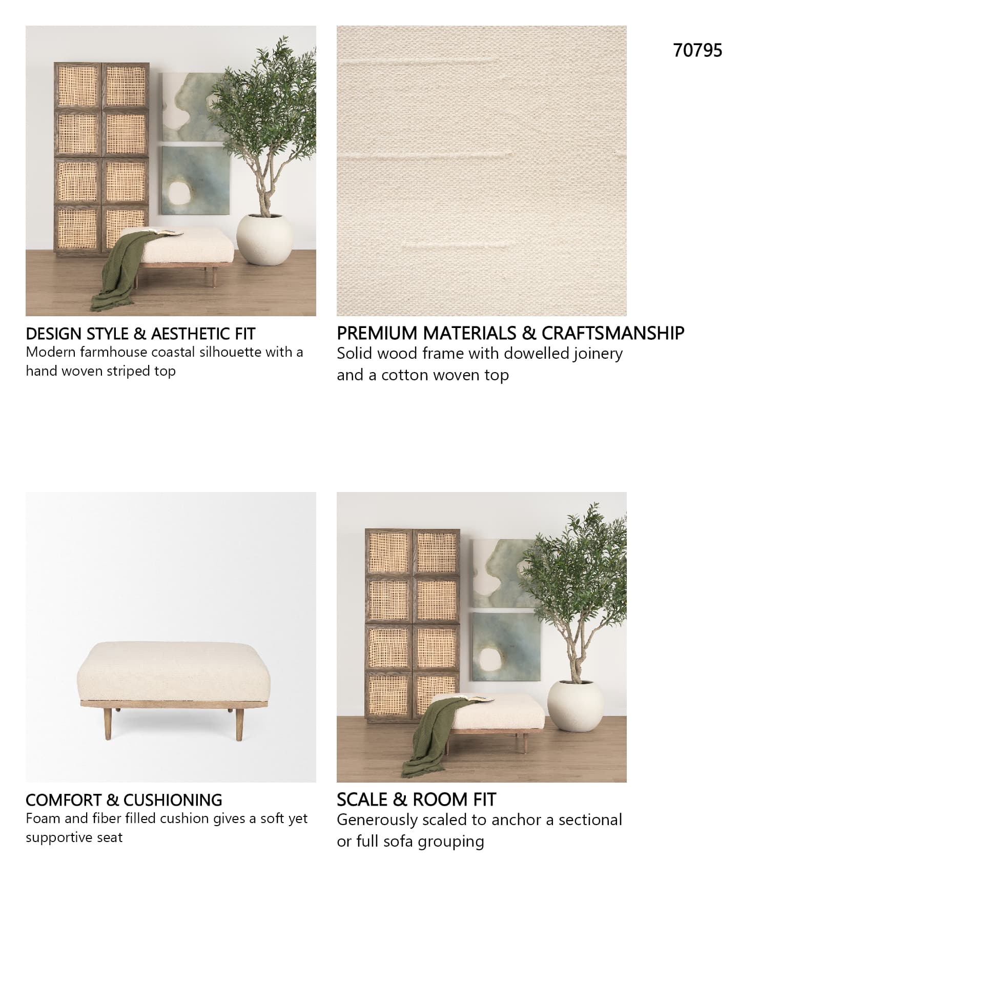 Shae Brown Wood w/ Oatmeal Fabric Ottoman — in a styled room